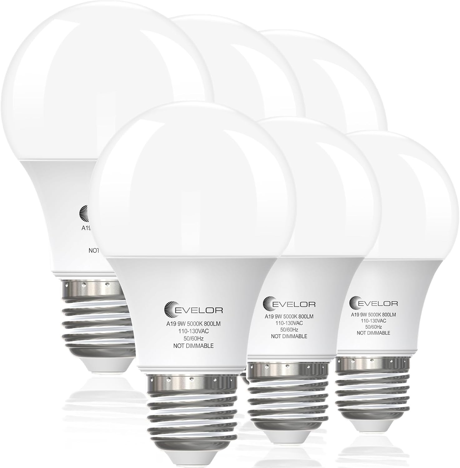 6-Packs A19 LED Light Bulbs,60 Watt Equivalent Daylight 5000K with E26 Base,Efficient 9W,800 Lumens Non-Dimmable LED Bulbs,15000 Hours, Ideal for Bedroom Living Room