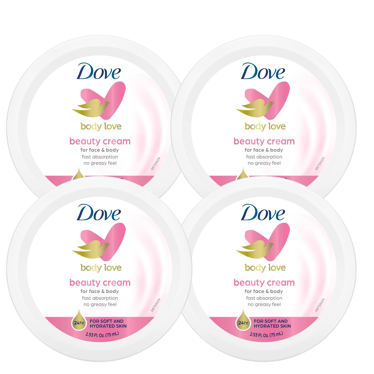 Dove Nourishing Body Care, Face, Hand, and Body Beauty Cream for Normal to Dry Skin Lotion for Women with 24-Hour Moisturization, 4-Pack, 2.53 Oz Each Jar