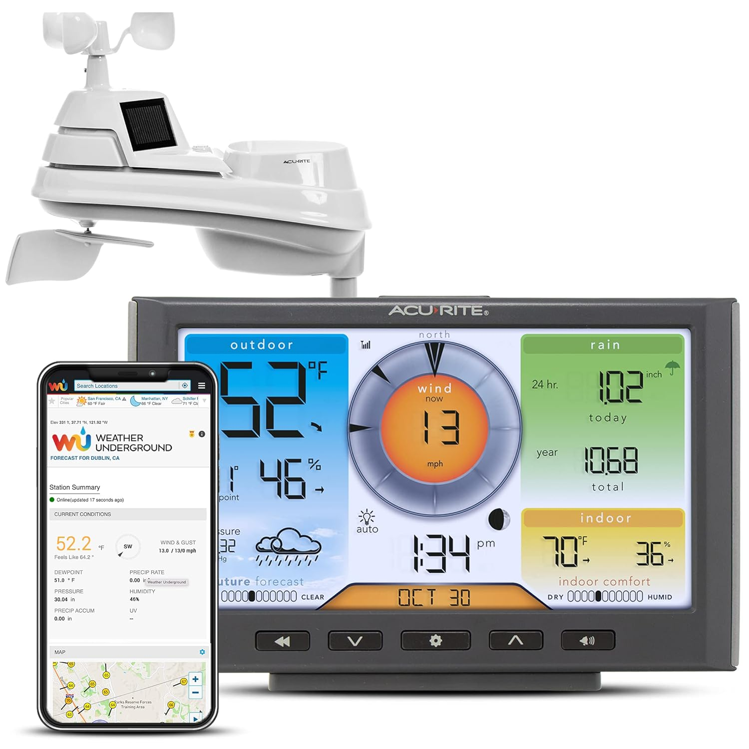 Acurite Iris (5-In-1) Home Weather Station with Wi-Fi Connection to Weather Underground with Temperature, Humidity, Wind Speed/Direction, and Rainfall (01540M) , Black