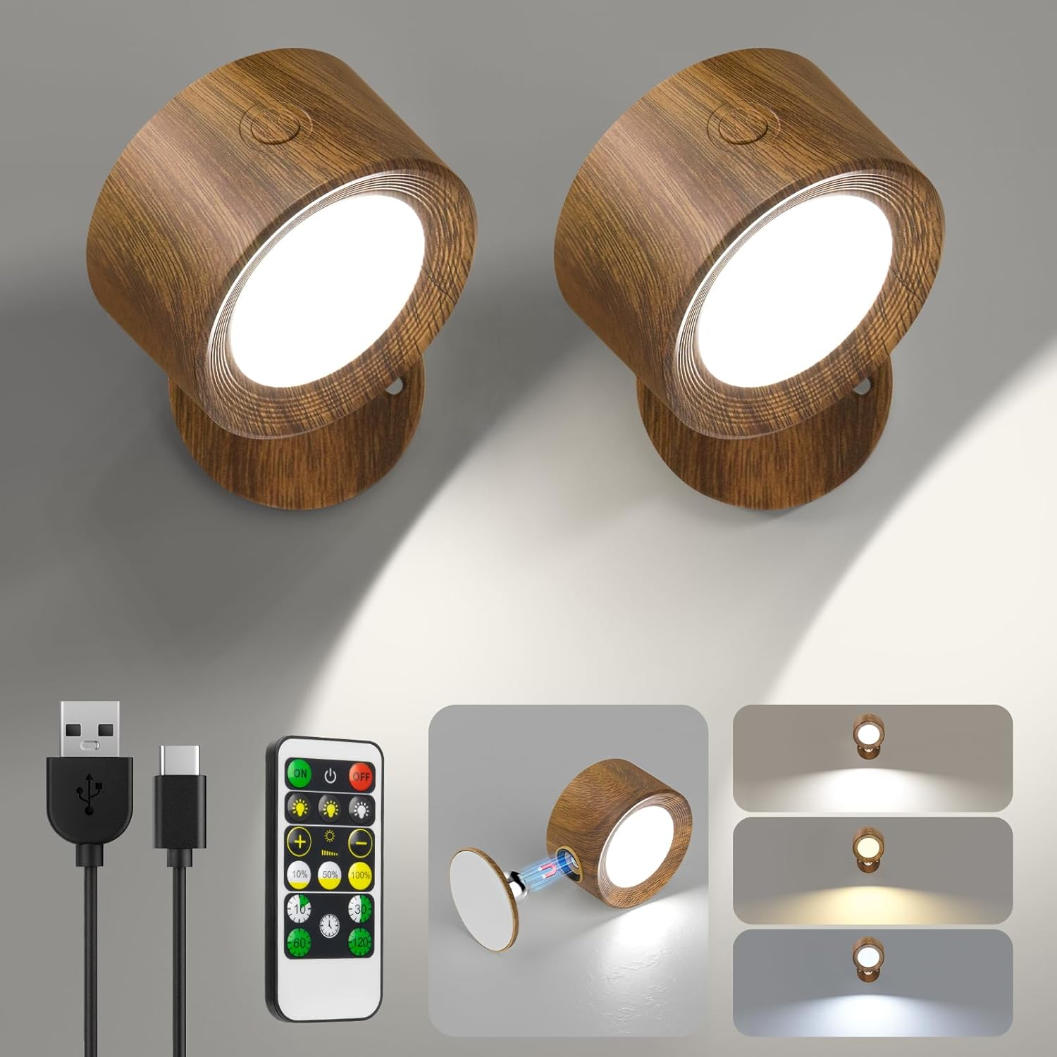 LED Wall Lights, Wall Sconces 2 Pcs with Remote Rechargeable Battery Operated, 3 Color Temperatures & Dimmable Wall Lamp Magnetic 360Â° Rotation Light for Bedroom Living Room