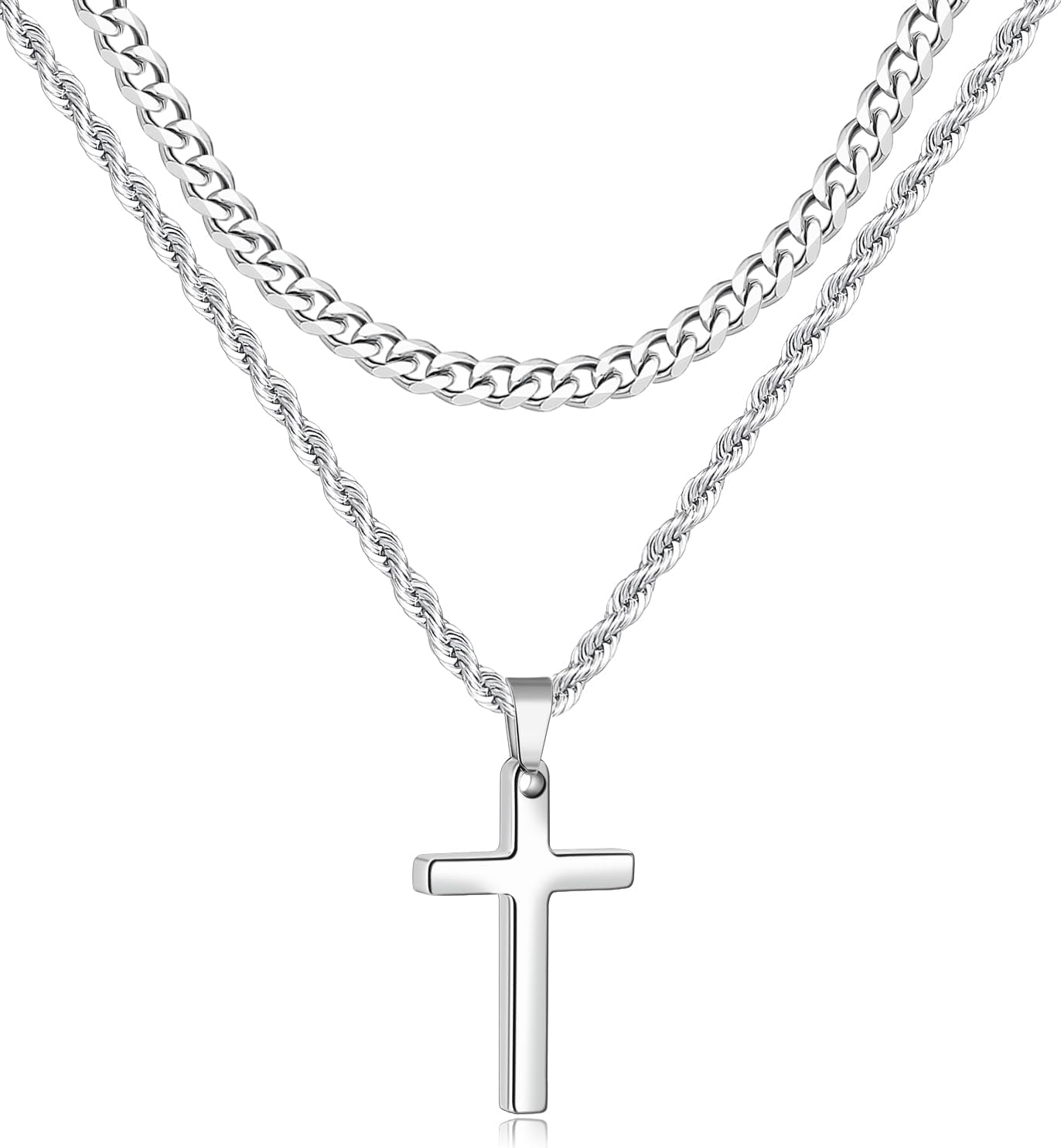 Valentines Gifts for Him - 2 Pcs Cross Necklace Chain for Men and Women, Layered Mens Cross Necklaces Stainless Steel Pendant Cuban Link Rope Chain 16-26 Inch, Jewelry Gift