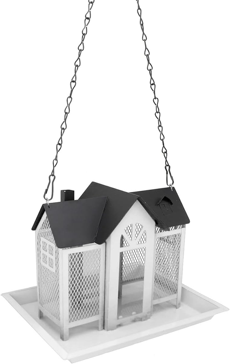 Hanging Metal Bird Feeder House, Weatherproof Outdoor Wild Bird Seed Feeder with Large Tray & Mesh Panels, Garden Patio Yard Decor, 9.84 X 7.87 X 6.69In