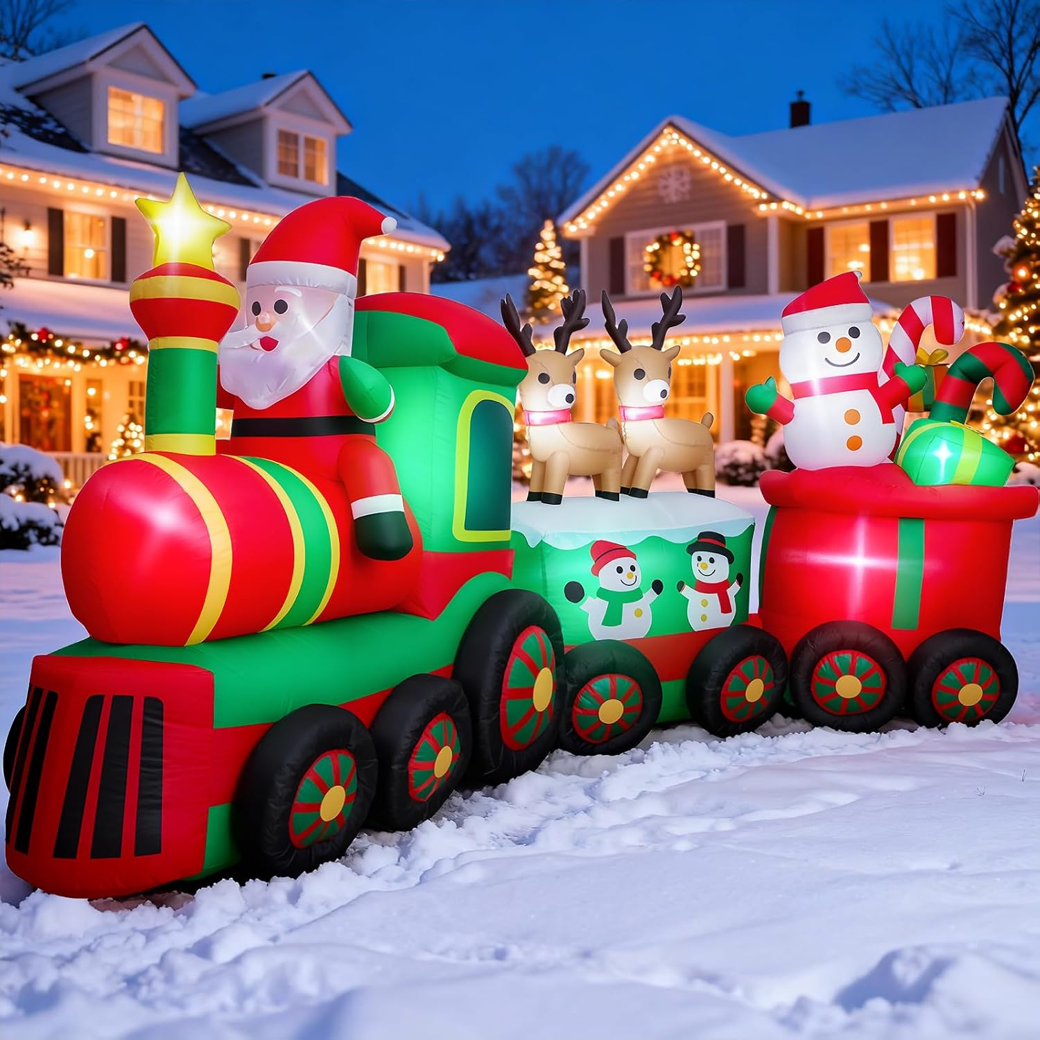 Thuodo 11 FT Long Christmas Inflatables Train with Santa Claus Reindeer Snowman Outdoor Decorations Blow up Yard with Built-In Leds for Lawn Garden Holiday Indoor Party Decor