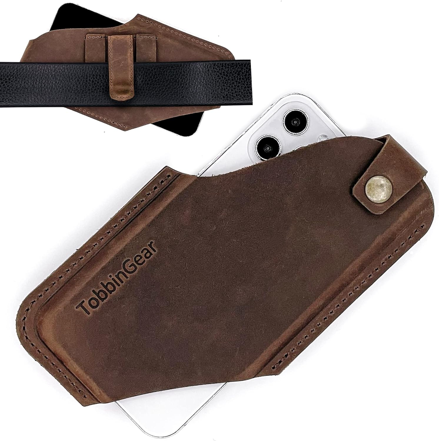 Leather Cell Phone Holster with Belt Clip, Universal Phone Holster for Men Belt Holder, Leather Case for Iphone, Samsung Galaxy Phones, Dark Brown, Large