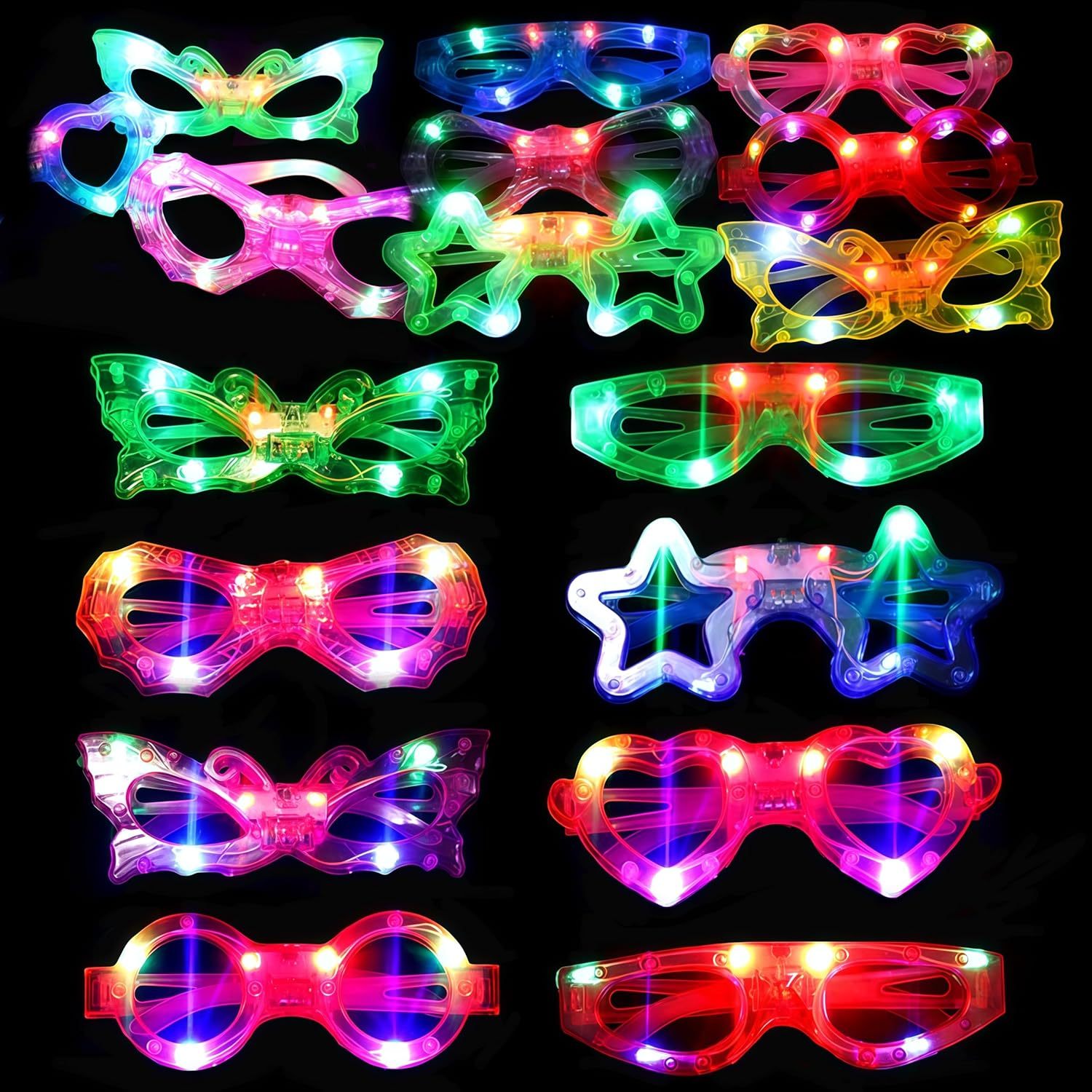 24 Packs LED Glasses for Kids Glow in the Dark Party Supplies Favor,6 LED 6 Shapes Glasses Flashing Plastic Light up Glass Toys Bulk 3 Replaceable Battery Fit New Year Eve Party Supplies 2026