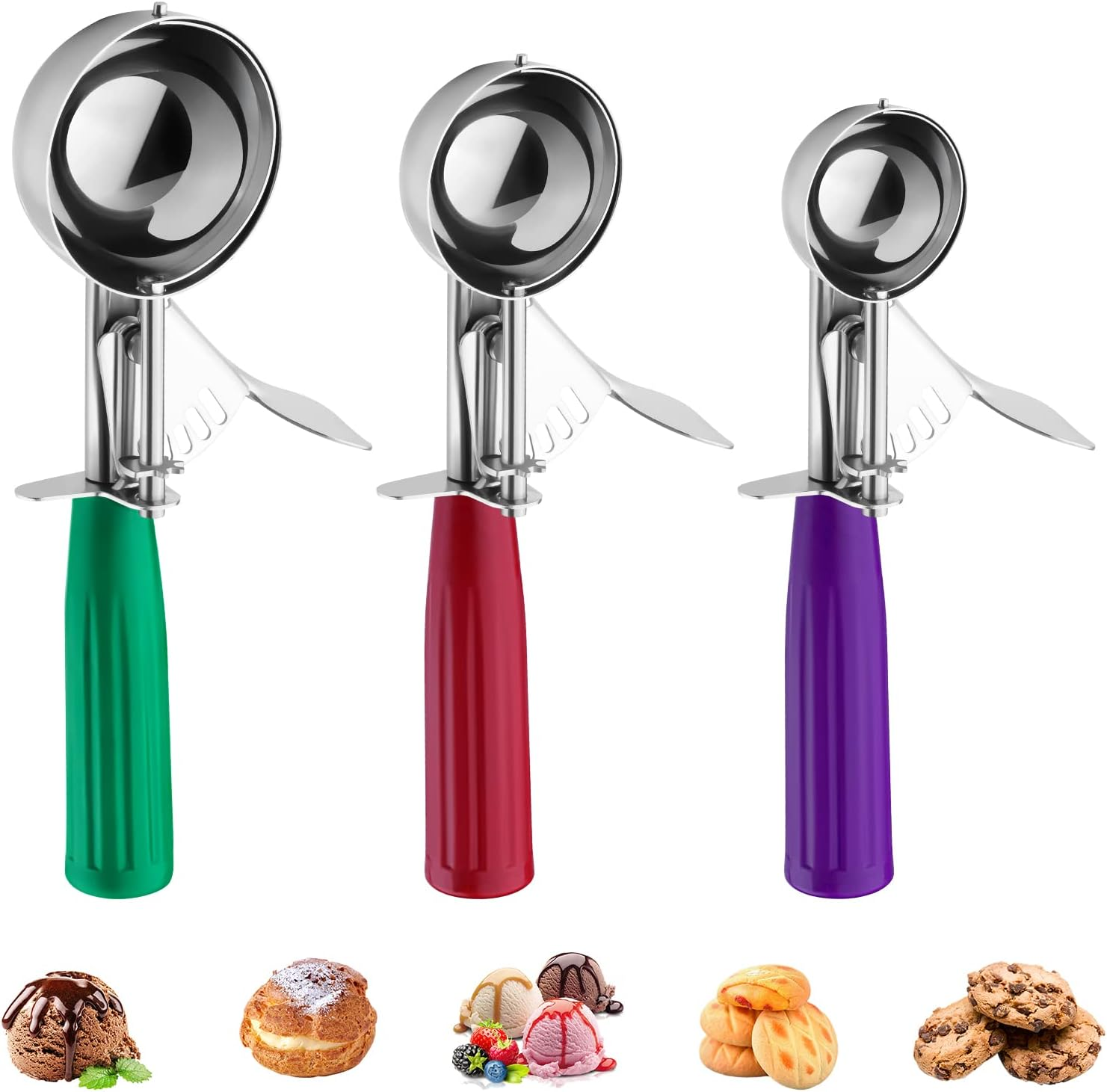 Cookie Scoop Set, Ice Cream Scoop Set, 3 PCS Ice Cream Scoops Trigger Include Large Medium Small Size Cookie Scoop, Polishing Stainless Steel 18/8 Melon Scooper - Elegant Package