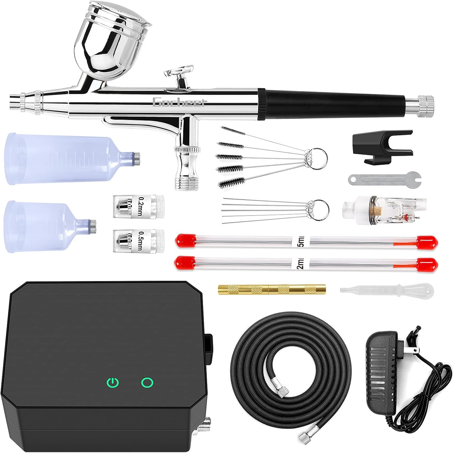 Gocheer Airbrush Kit with Air Compressor, 40 PSI High Pressure Air Brush Non-Clogging with 0.2/0.3/0.5Mm Nozzle/Cleaning Sets, Ideal for Painting, Modeling, Cake Decor, Makeup
