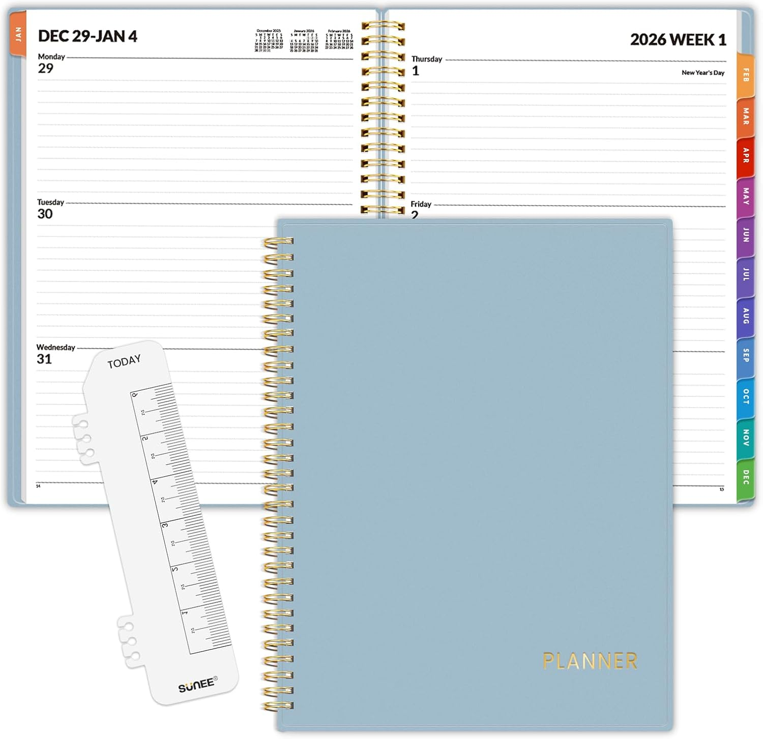 2026 Weekly and Monthly Planner - from January 2026 - December 2026, Daily Agenda Planner with Monthly Tab, Flexible Cover, Note Pages, Pockets, Bookmark, Spiral Binding, Gray Blue, 8.5