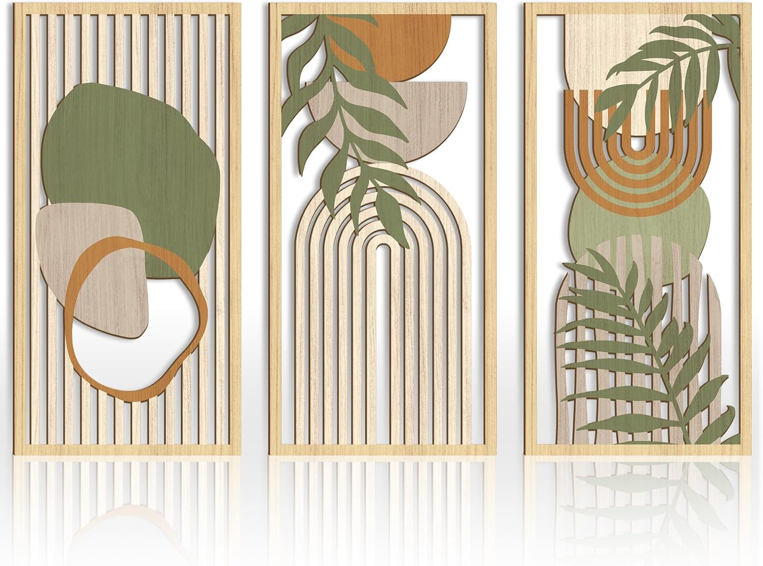 Boho Mid-Century Modern Wood Wall Art 16X32 Inch Large Green Abstract Wood Wall Decor Mid Century Bohemian Artwork for Bedroom Living Room Office Kitchen Set of 3