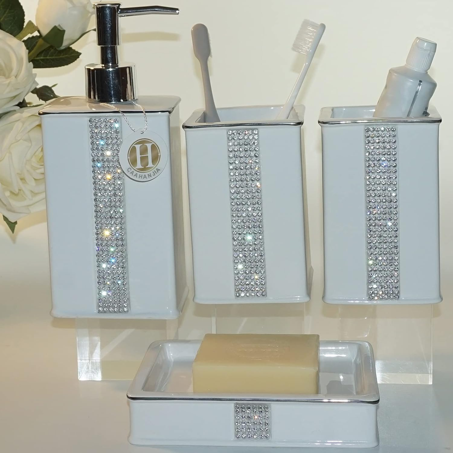 Bathroom Accessories Set 4 Pcs-Ceramic Gift Set Soap Dispenser Pump & Toothbrush Holder & Tumbler Cup & Soap Dish - Bathroom Home Decor Clearance, Countertop Vanity Organize (White01)