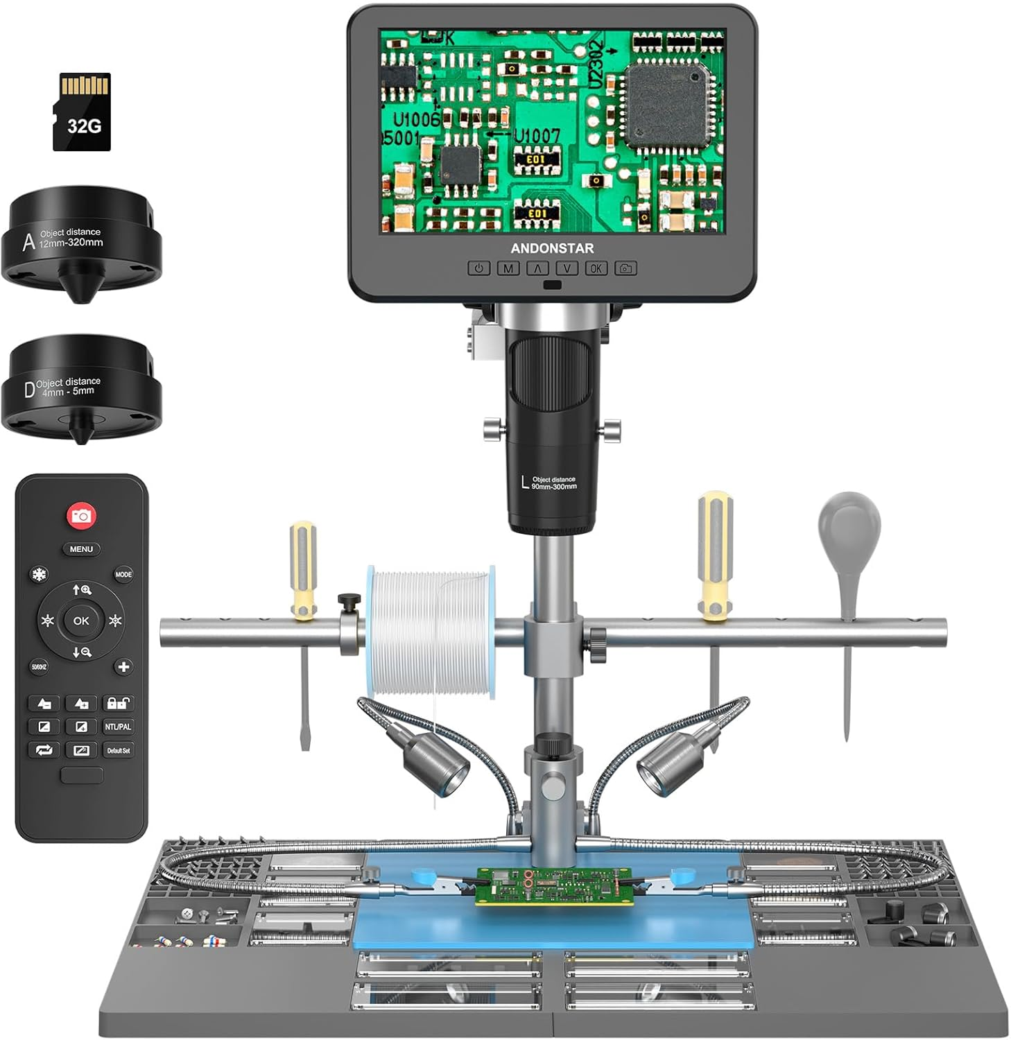 Andonstar AD246S-M plus 7'' HDMI Soldering Digital Microscope for Electronics Repair, 2000X 3 Lens 2160P UHD Video Record, Soldering Microscope Station with Helping Hands, Coin Full View 32GB Card