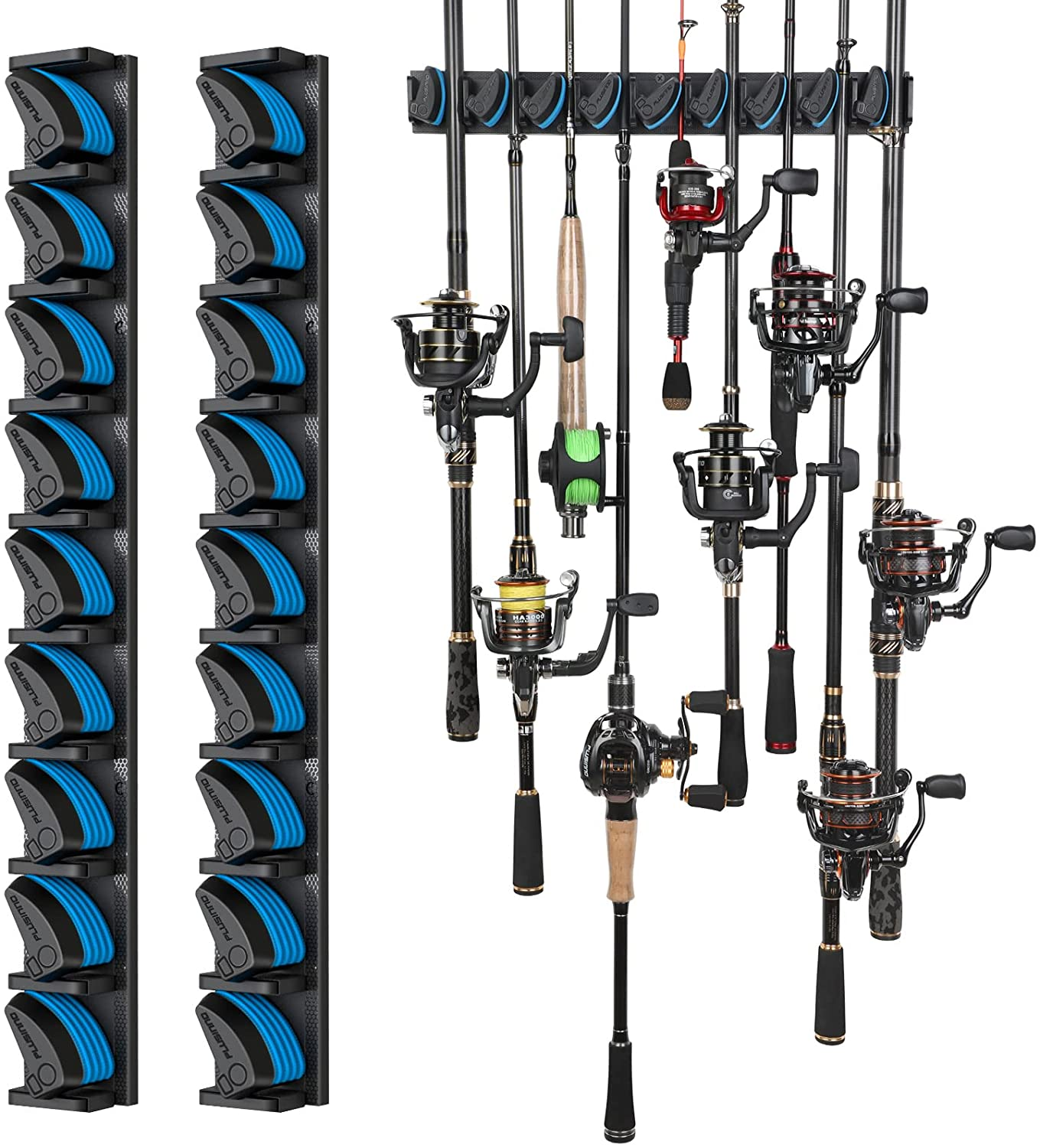 PLUSINNO 2 Pack Vertical Fishing Rod Rack, Wall Mounted Fishing Rod Holder, 2 Packs Fishing Pole Holders Hold up to 18 Rods or Combos, Fishing Rod Holders for Garage, Fishing Gear and Gifts for Men