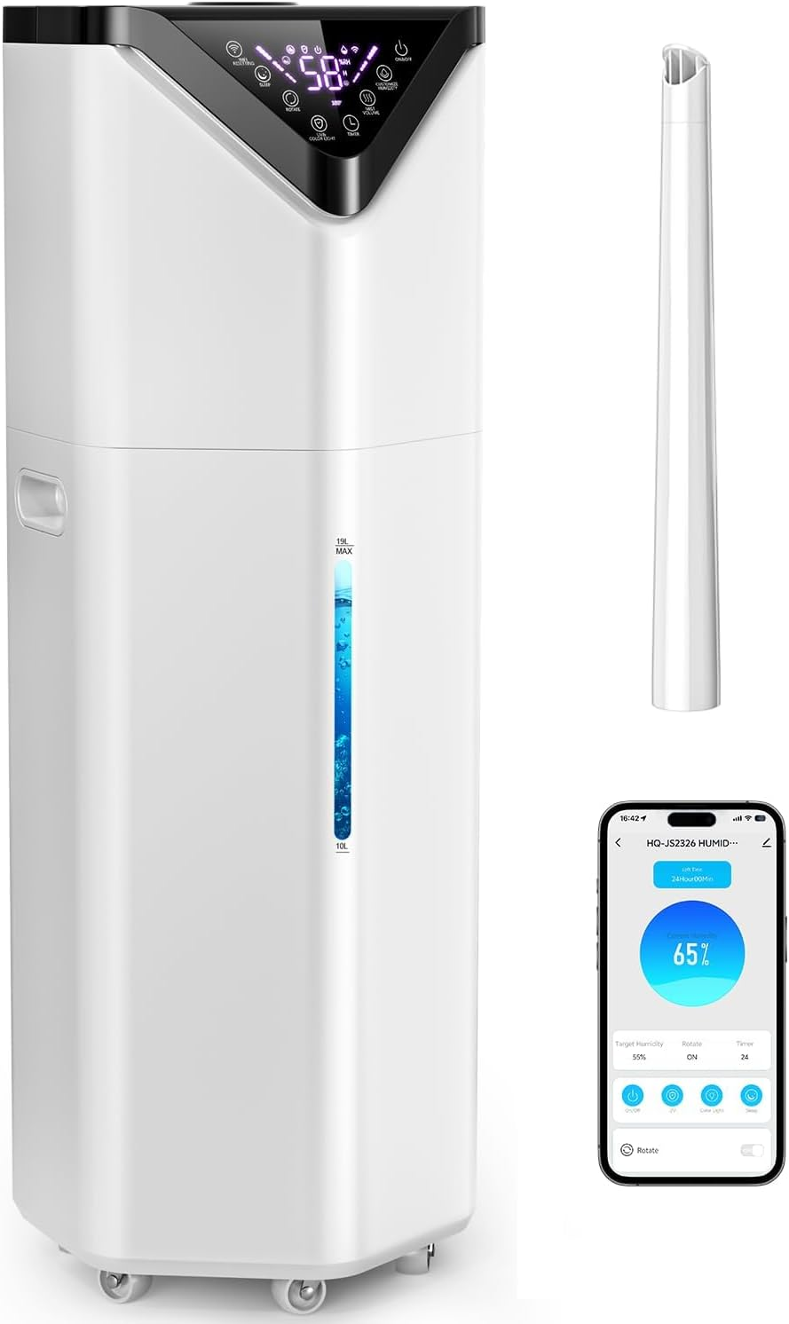 5Gal Smart Humidifier Large Room up to 2800ft², 1000mL/h, APP & Remote Control, 180° Auto Rotating Nozzle, 24H Timer, 60H Supersized Cool Mist Humidifiers for Whole House Home Office Plants
