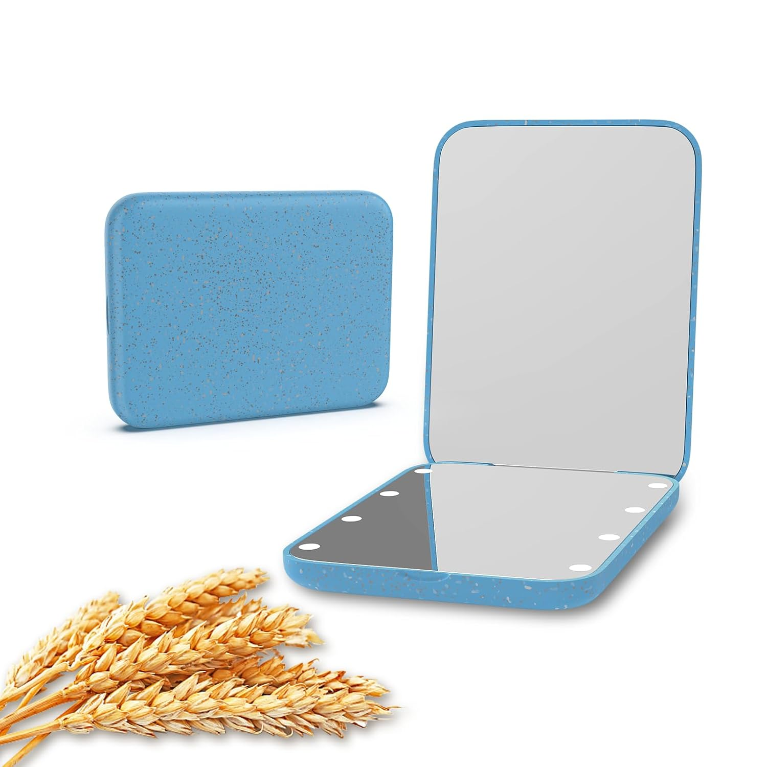 Wheat Straw Pocket Mirror, 1X/3X Magnification Travel Mirror for Purse, Folding Handheld Mirror, Small Lighted Compact Mirror for Gift, Blue