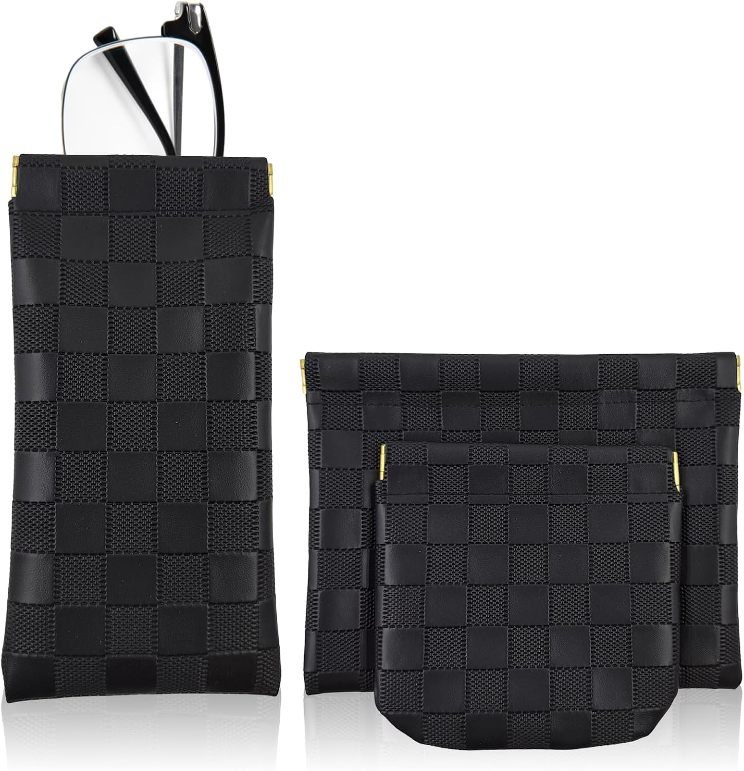 3PCS Small Makeup Bag for Women, Mini Cosmetic Bags Leather Pocket Pouch Purse,Snap Closure Waterproof Portable Bag,Checkered Storage Travel Bag for Lipstick Change Glasses Coin Cards (Black)