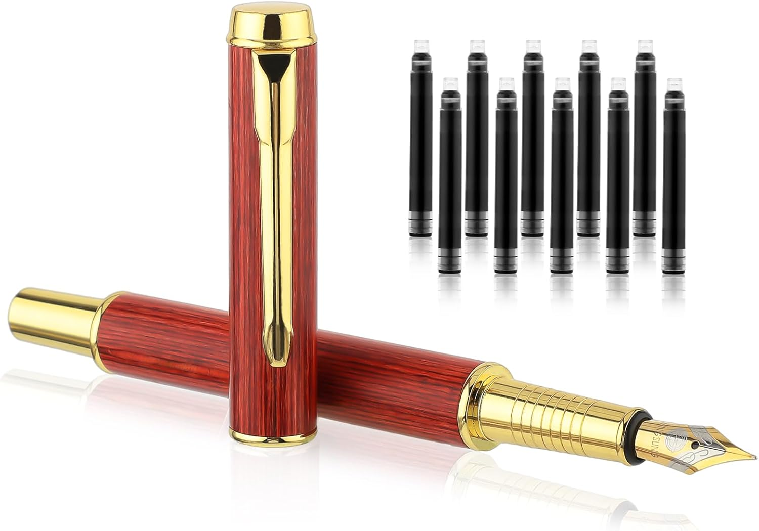 Vintage Wooden Fountain Pen Set, 0.5Mm Fine Nib with 10Pcs 2.6Mm Ink Cartridges