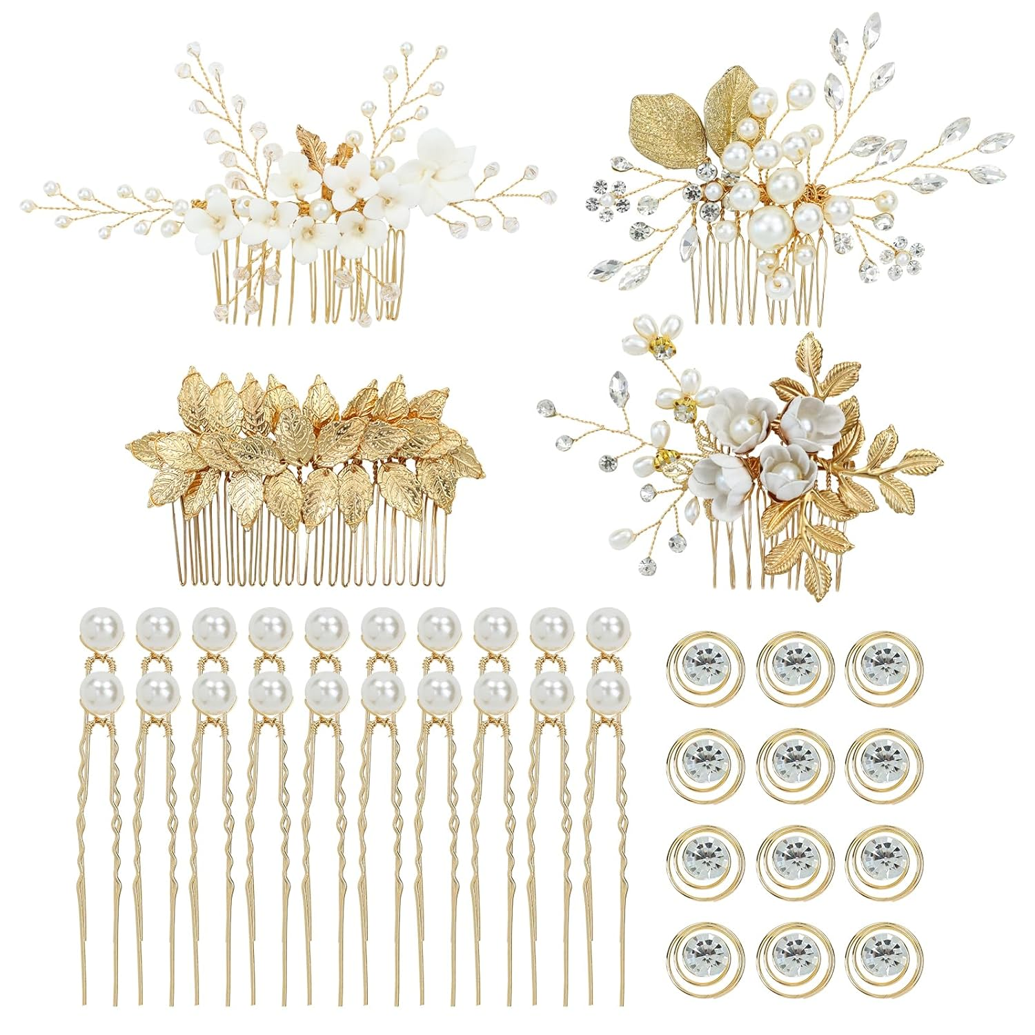 36 Pack Gold Flower Leaf Bridal Wedding Hair Side Combs+U-shaped Pearl Hair Pins+Spiral Twist Rhinestone Hair Clips Barrettes Prom Headpieces Accessories for Brides Bridesmaids Women Girls