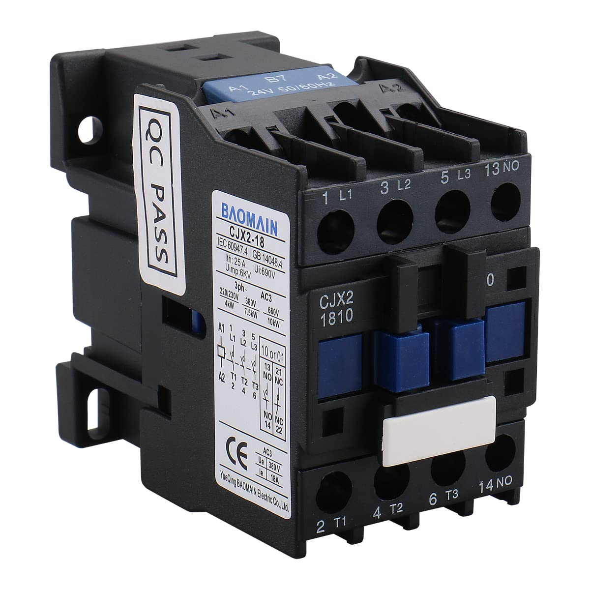 Baomain AC Contactor CJX2-1810 24V 50/60 Hz Coil 3 Phase 660V 18A, Contactor Switch Auxiliary 1NO, Universal Circuit Control,Din Rail Mount