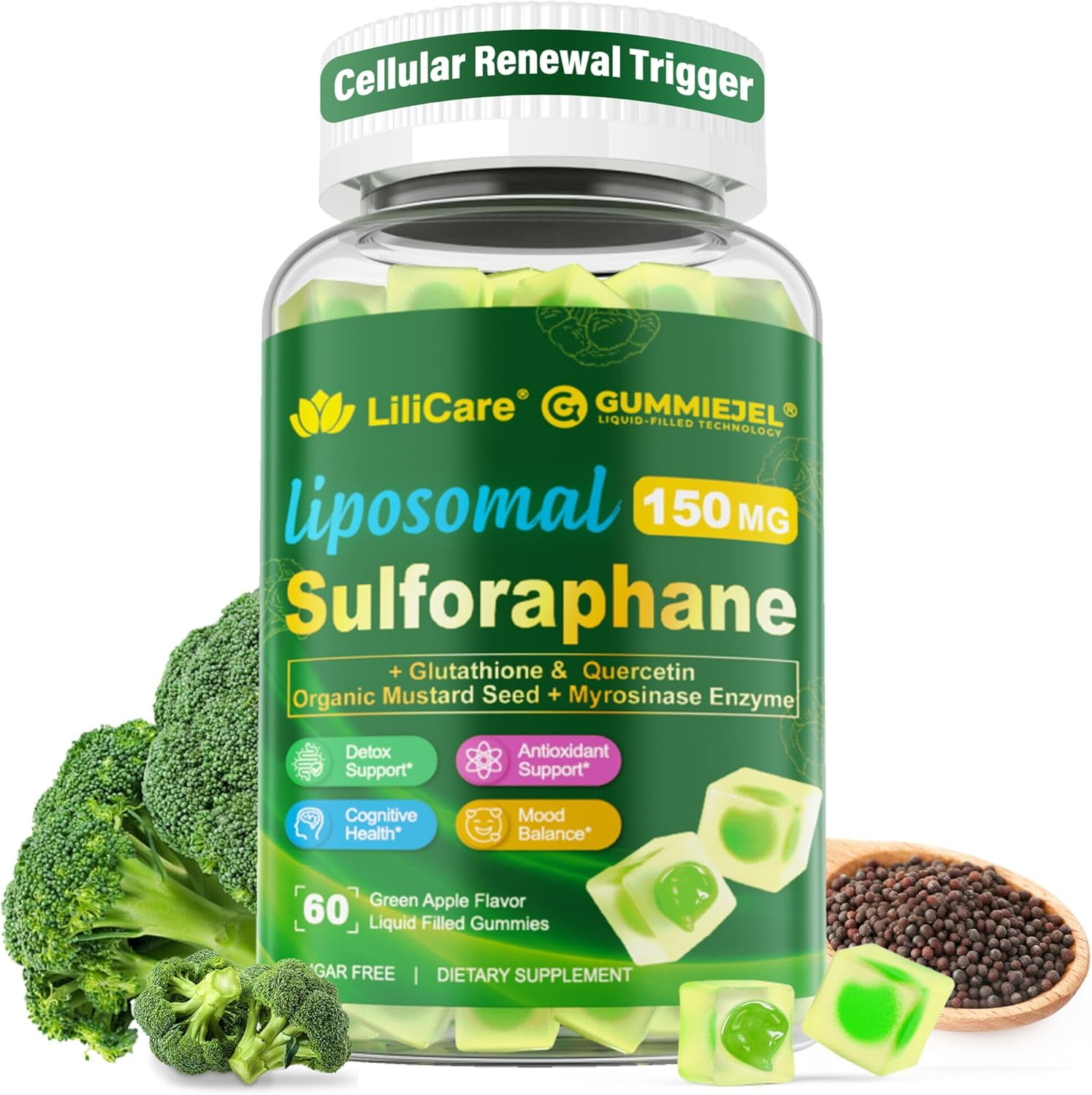 Liposomal Sulforaphane Supplement 150mg, from Broccoli Sprout Extract w/Myrosinase, Quercetin, Glutathione, Broccoli Supplement Gummies for Antioxidants Detox Cellular Brain Health, Chewable 60 Cts