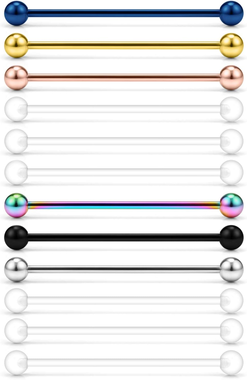 12PCS 14G Clear Acrylic Bioflex & Stainless Steel Industrial Barbell Cartilage Earring Retainer Body Piercing Jewelry 1 1/2