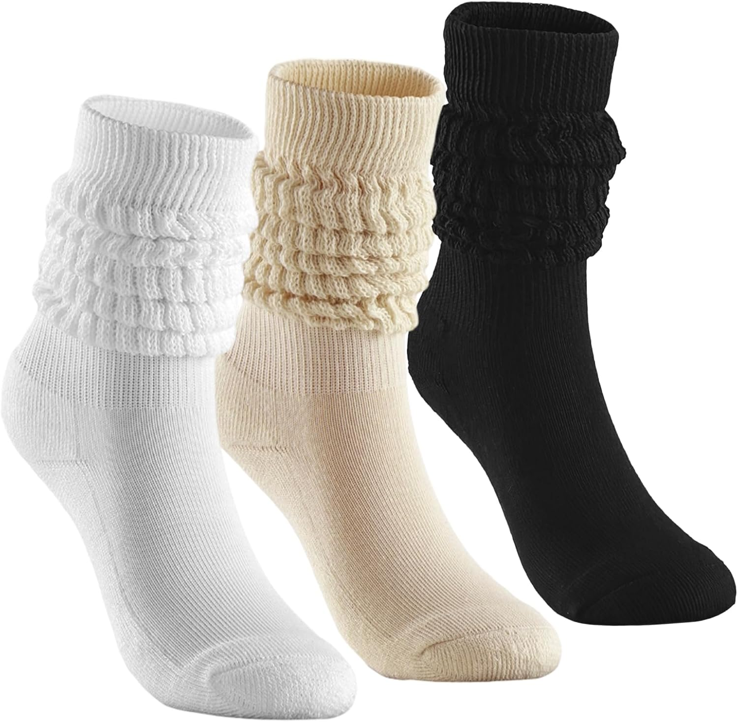 3 pairs Slouch Sock Scrunch Socks Retro Knee for Women,Soft Stack Chunky Cozy Boot Slouchy Scrunchie Socks,High Sock Size 6-11(black, white and khaki)