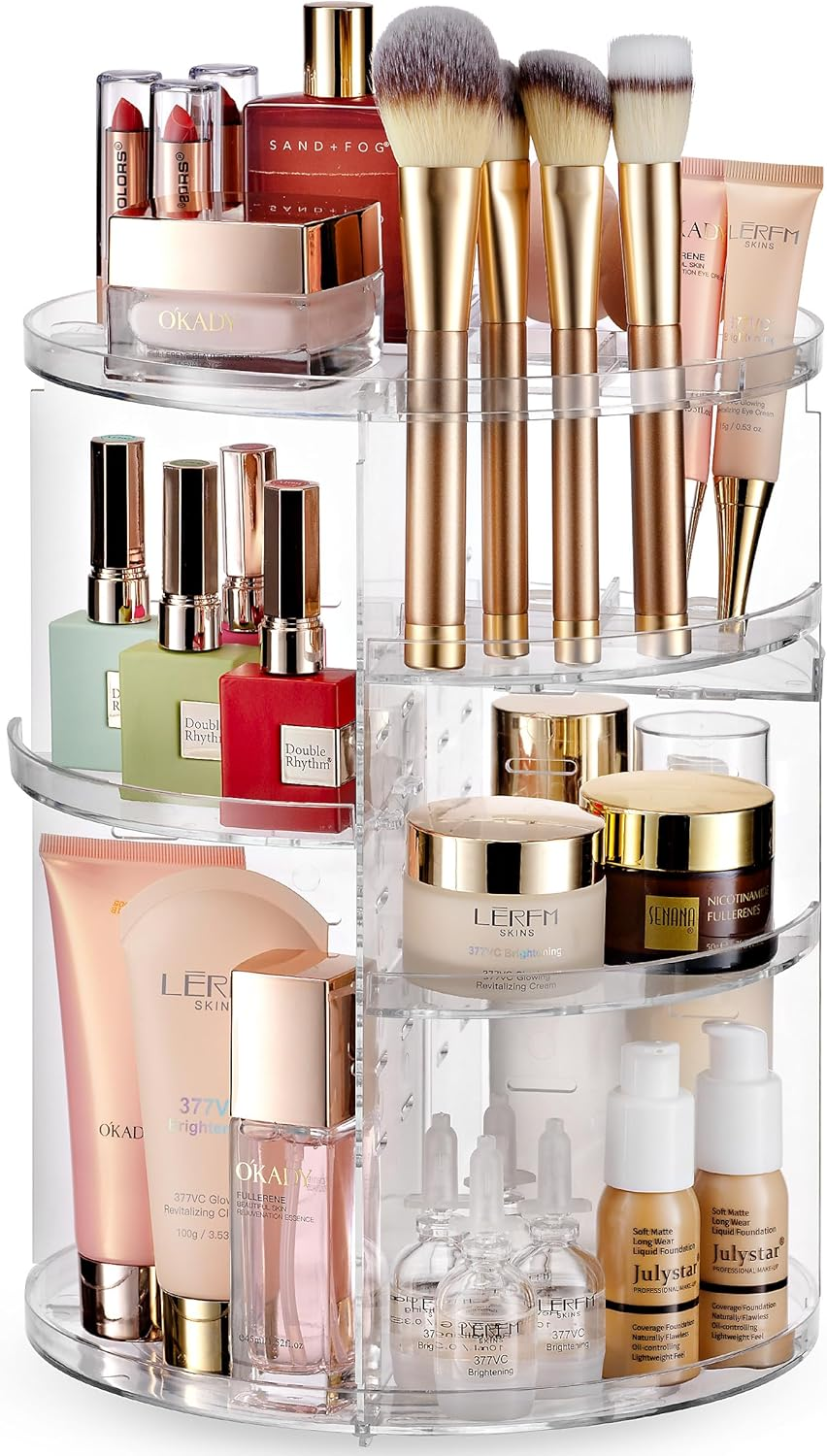 Masirs 360 Rotating Makeup Organizer Countertop - Adjustable Shelf Height - the Perfect round Spinning Cosmetic Organizer for Bedroom Dresser or Vanity Countertop Storage (Clear)