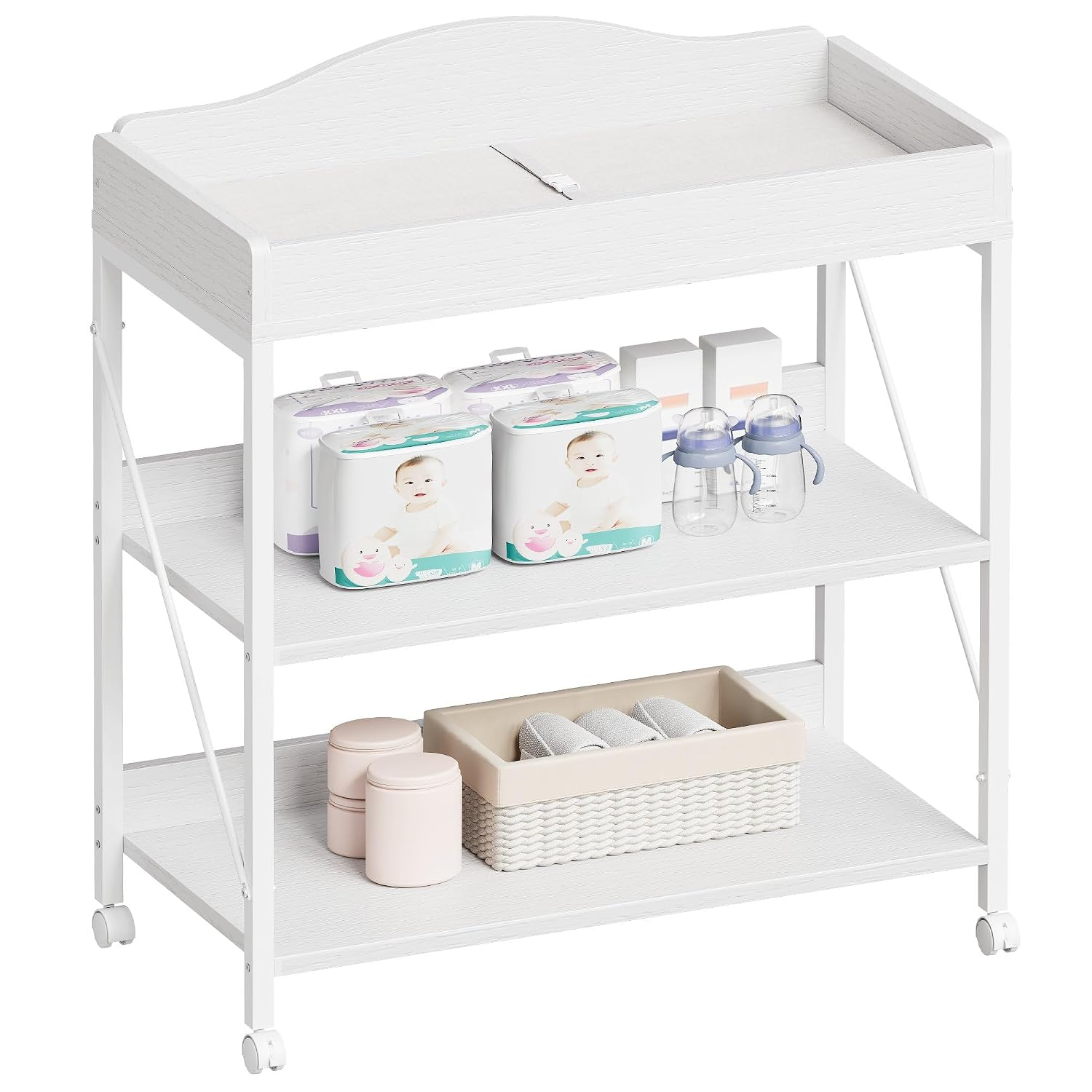 Baby Changing Table, Diaper Station with Pad, 2-Tier Shelves, Mobile, White | Changing Table,Waterproof Diaper Pad & Safety Strap, 2-Tier Shelves, Mobile Wheels