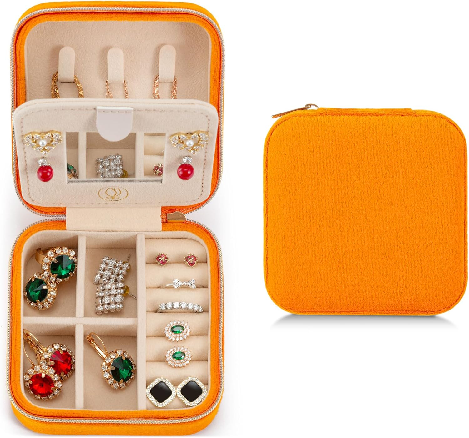 Plush Velvet Travel Jewelry Case, Travel Jewelry Organizer, Jewelry Travel Case, Travel Jewelry Box, Small Jewelry Case, Jewelry Travel Box, Earring Organizer with Mirror - Orange