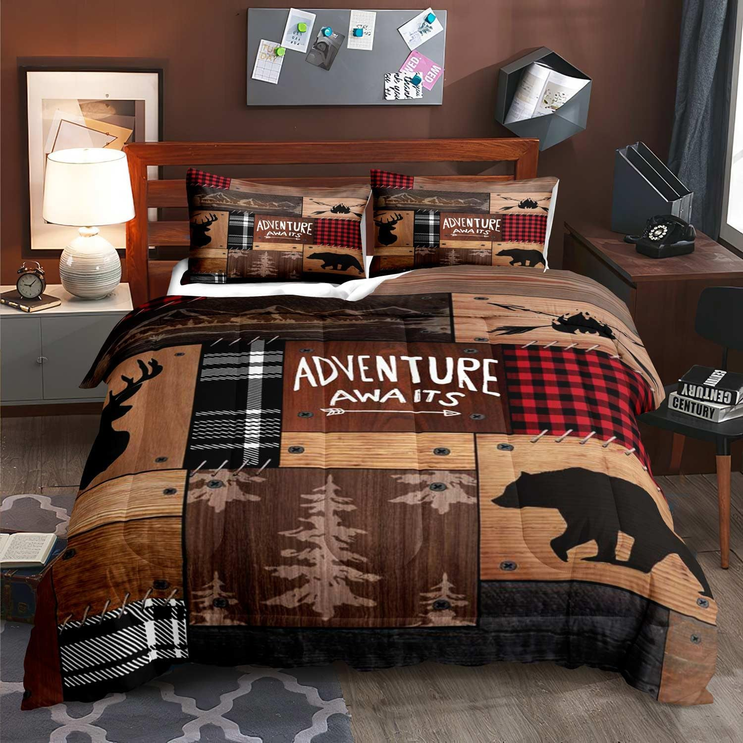 3PCS Cabin Comforter Set King Size, Rustic Farmhouse Bedding, Black Bear Deer Elk Moose Forest Animal Wildlife Hunting Country Brown Patchwork White Red Plaid Lodge Quilt, 2 Pillow Shams