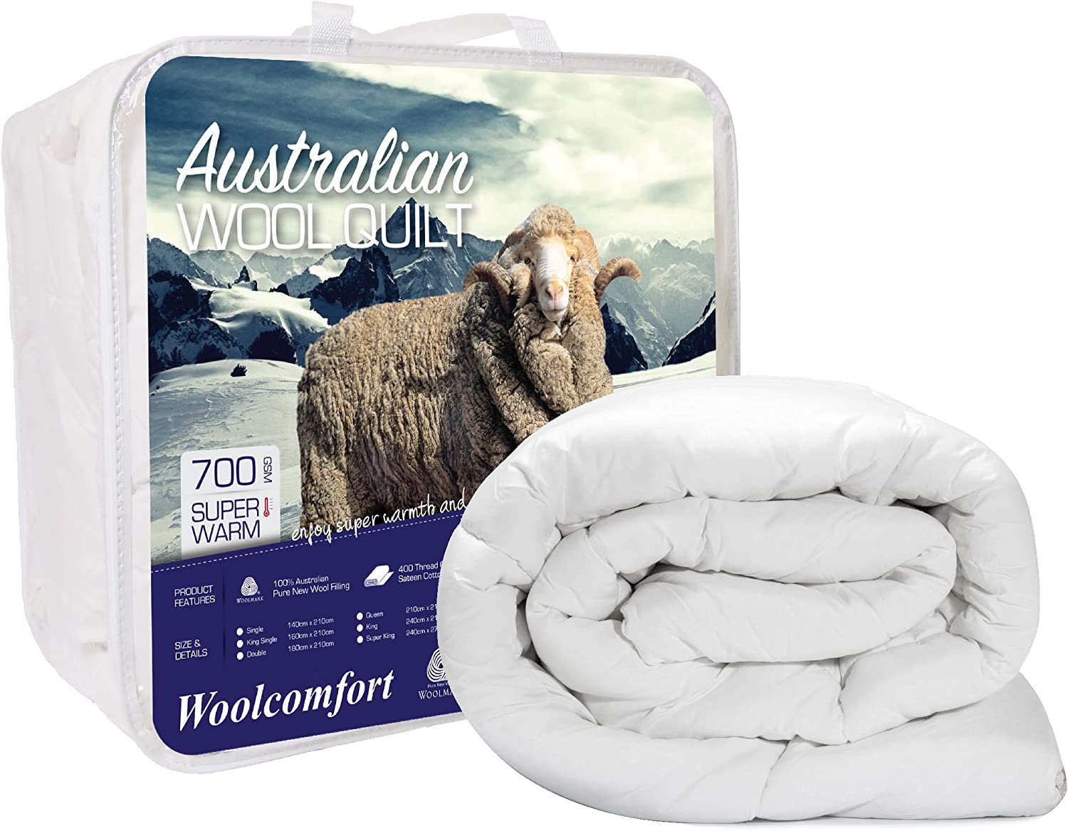 Australian Made Merino Wool Quilt/Doona/Duvet 700GSM (240x210cm King) - Picture 2 of 14