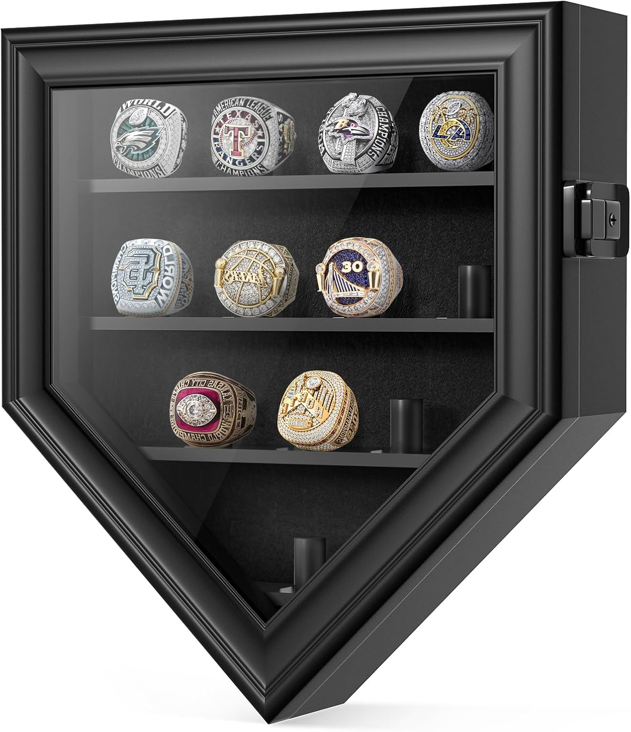 Championship Ring Display Case, 12 Posts Baseball Ring Holder, Lockable Wall Mount Wooden Shadow Box for Multiple Championship Rings