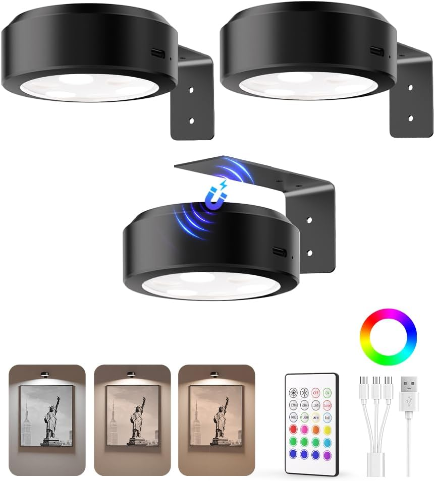 Picture Lights for Wall, 2000mAh Rechargeable Battery Magnetic Poster Lights with 3 Color Temps & 12 RGB, Remote Dimmable Timer Painting Light, Wall Decor Light for Art Display, Frame (3 Pack)