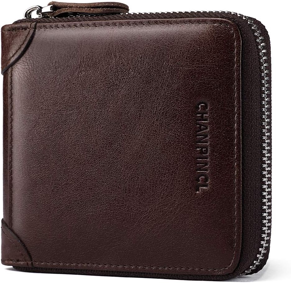 Mens Genuine Leather Zipper Wallet RFID Secure Large Capacity Double Fold Multi-Card Leather Wallets for Men and Coin Purse