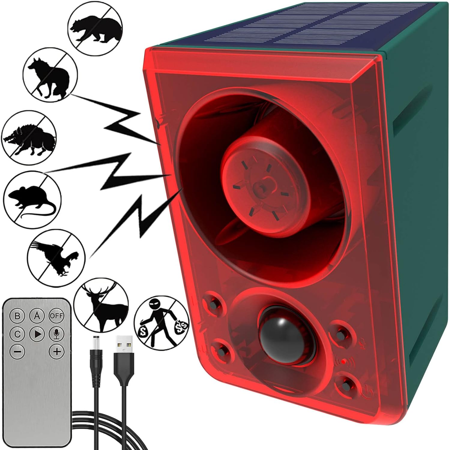 Solar Outdoor Motion Sensor Alarm - Dog Barking & Gunshot Sound 130Db Motion Detector Alarm Light,With Remote Controller for Home, Villa,Yard,Chicken Coop,Farm,Barn