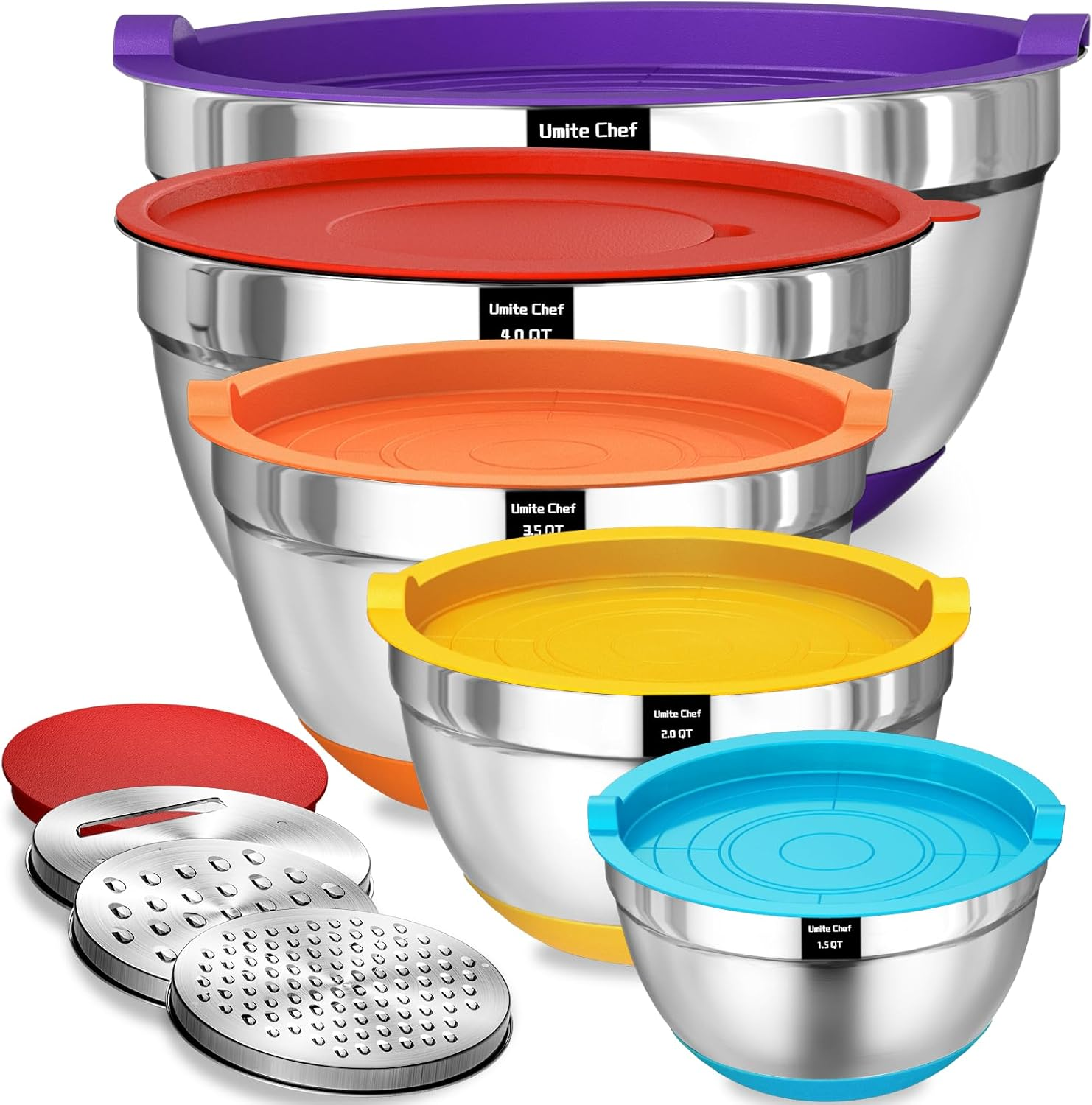 Mixing Bowls with Airtight Lids Set, 8PCS Stainless Steel Nesting Bowls Set, 3 Grater Attachments & Non-Slip Bottoms, Size 5, 4, 3.5, 2, 1.5QT for Baking & Mixing(Colorful)