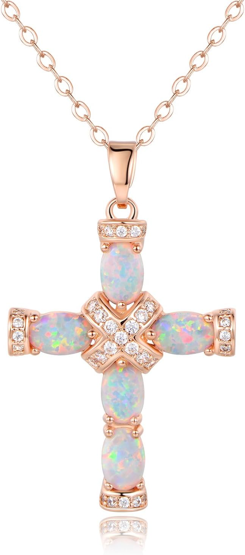 18K Gold Plated Created Opal Cross with Chain, 18 Inches with 2 Inches Extension