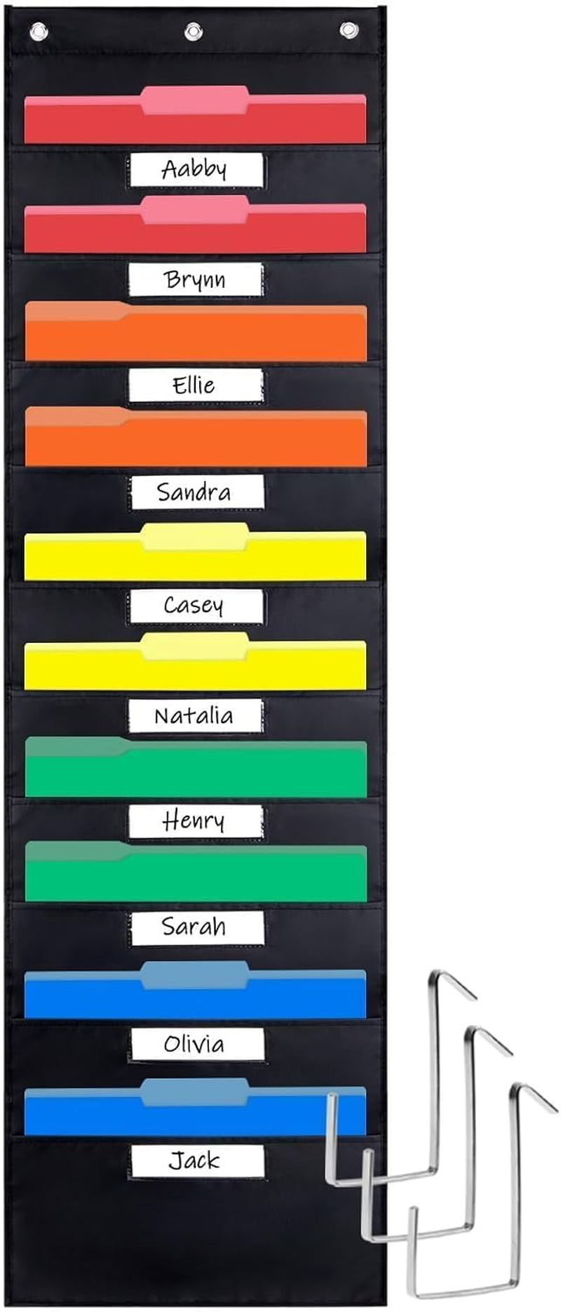 10 Pockets Storage Pocket Chart with 10 Nametag Pockets, Hanging Wall File Organizer for File Folders with 3 Hangers for Classroom, Office, School Mailbox Organizer and Home (Black)