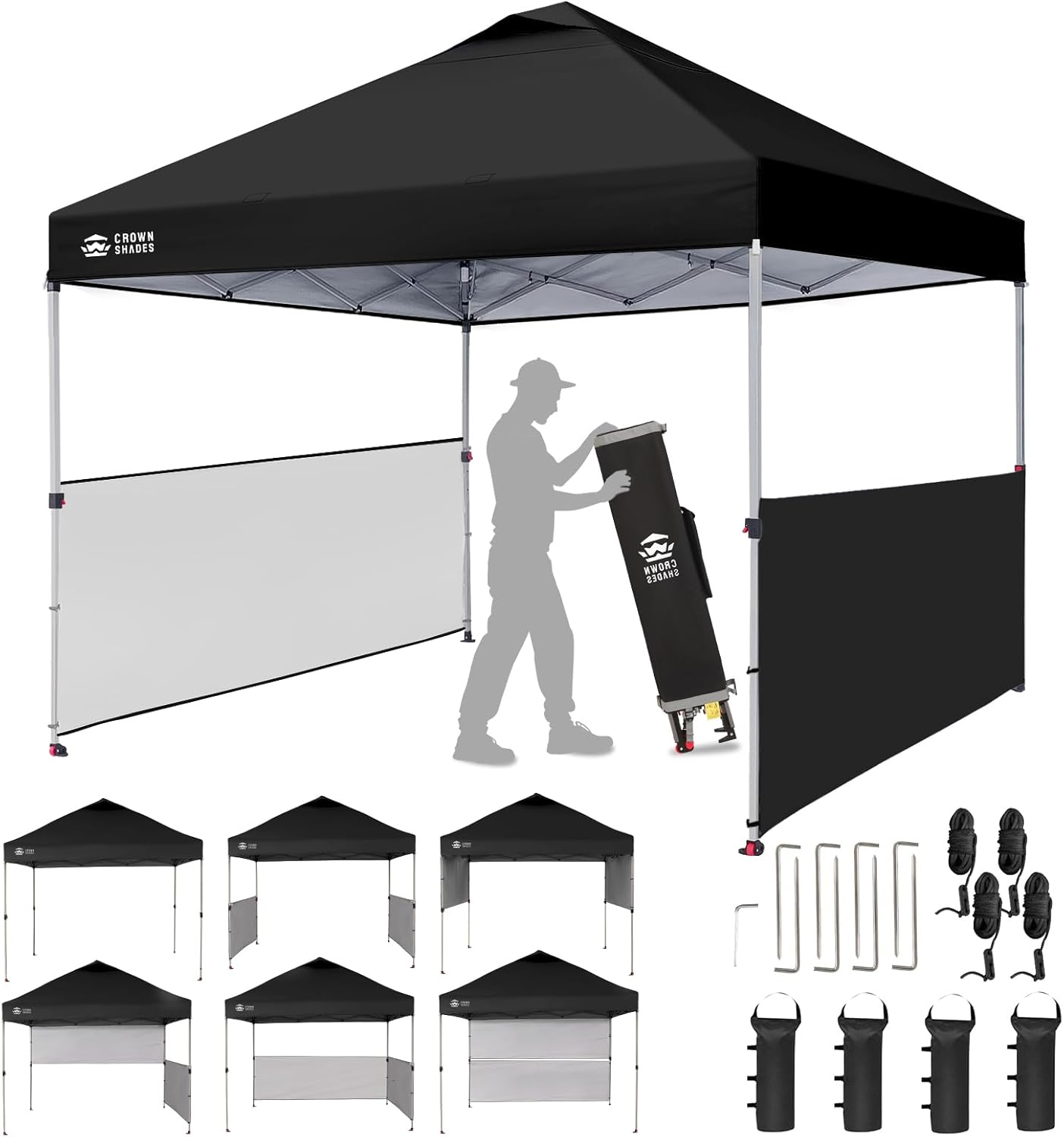 CROWN SHADES 10X10 Pop up Canopy Tent Instant Canopy with 150D Silver Coated Fabric Including 2 Half Sidewalls, 4 Ropes, 8 Stakes, 4 Weight Bags, STO 'N Go Bag, Black