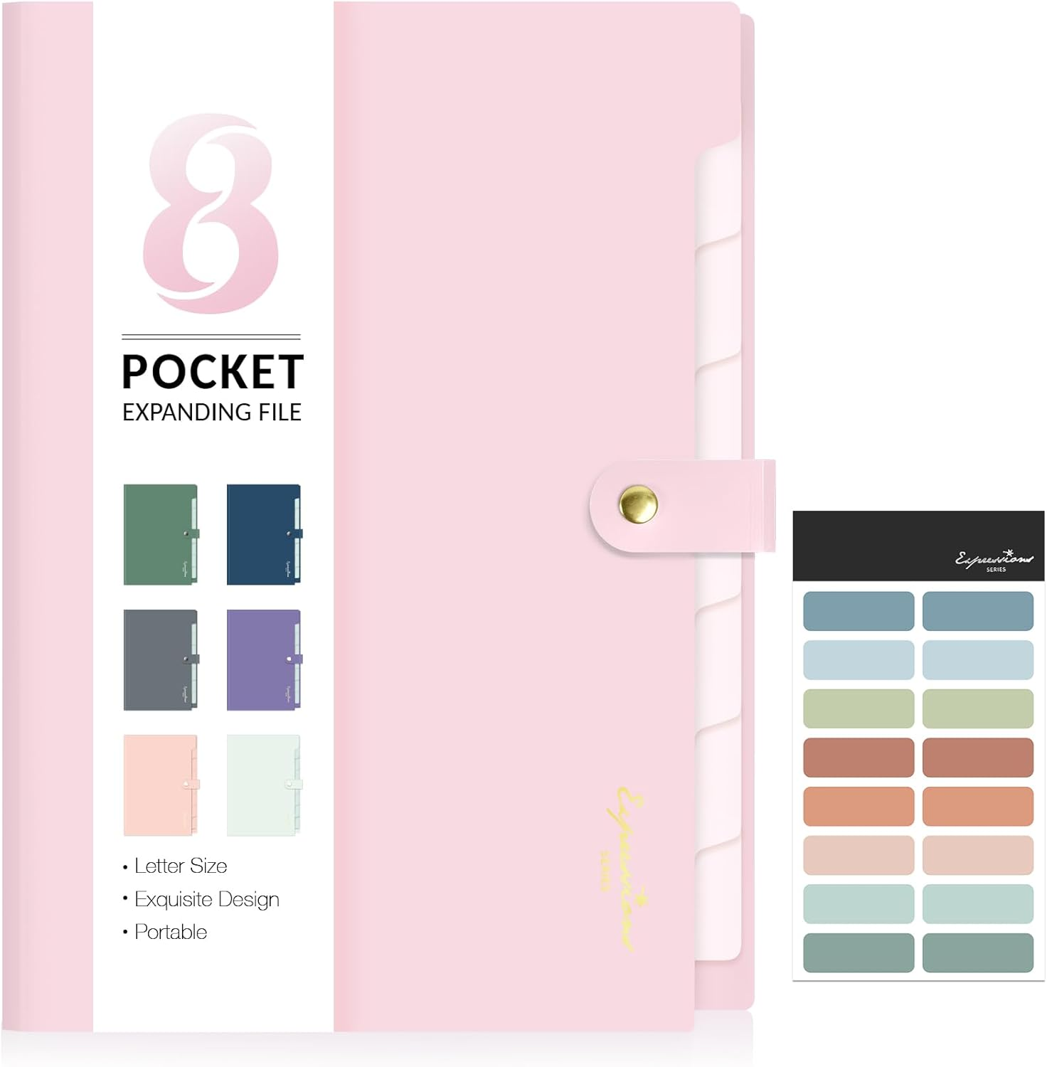 Elegant Accordion File Organizer with Labels, 8 Pocket Expanding File Folder, Portable Folders for Documents, Cute Paper Organizer for School Office Supplies, Letter Size, Blush