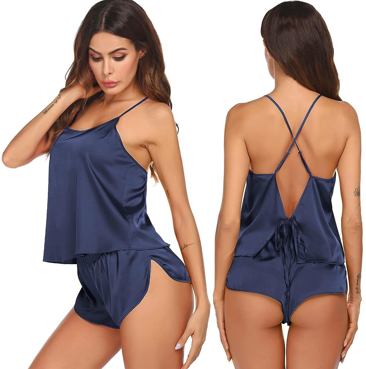 Silk Pajamas Set for Women Satin Backless Lingerie Pjs Cami Top and Shorts Nightwear