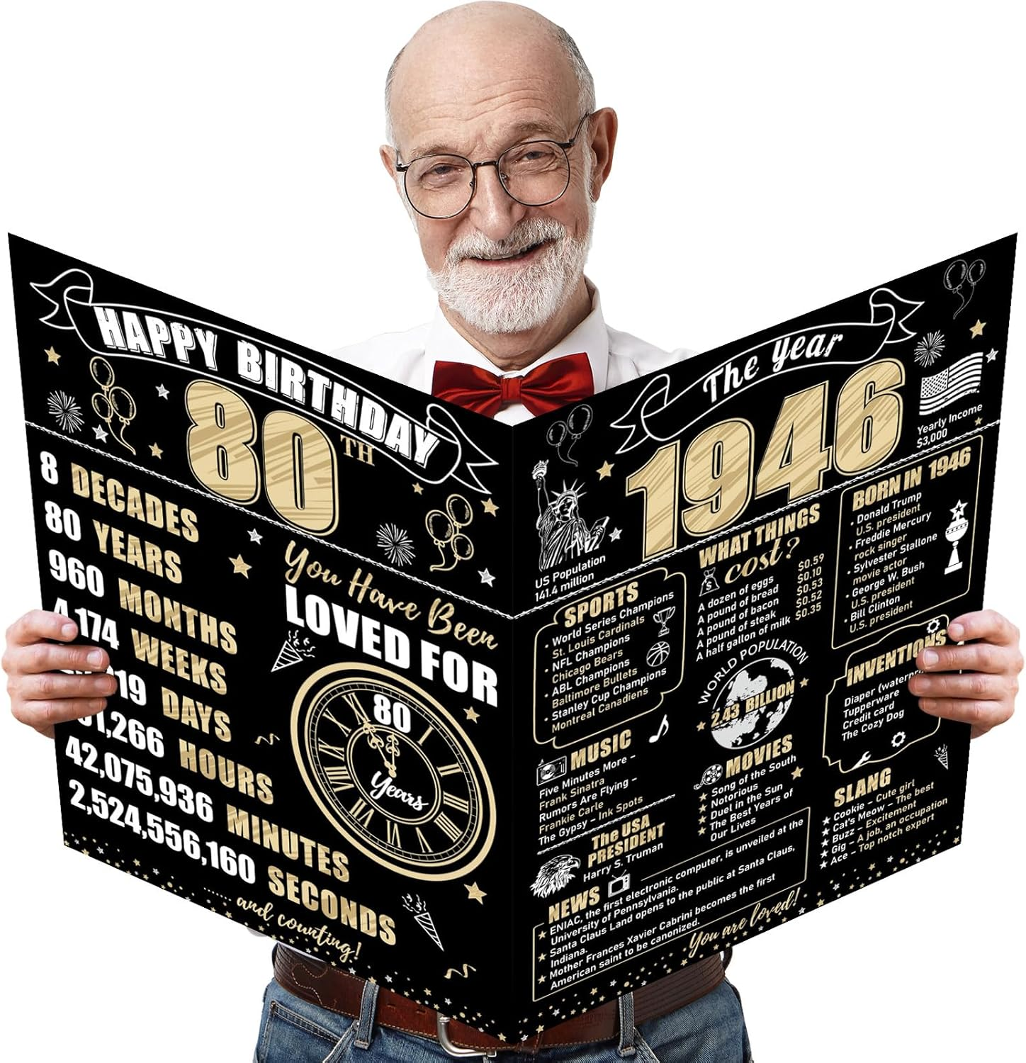 Large 80Th Birthday Card with Envelope for Men Women, 1946 Black Gold Happy 80Th Birthday Giant Guest Signature Book Gifts, Big Vintage 1946 80 Greeting Card Decoration Party Supplies