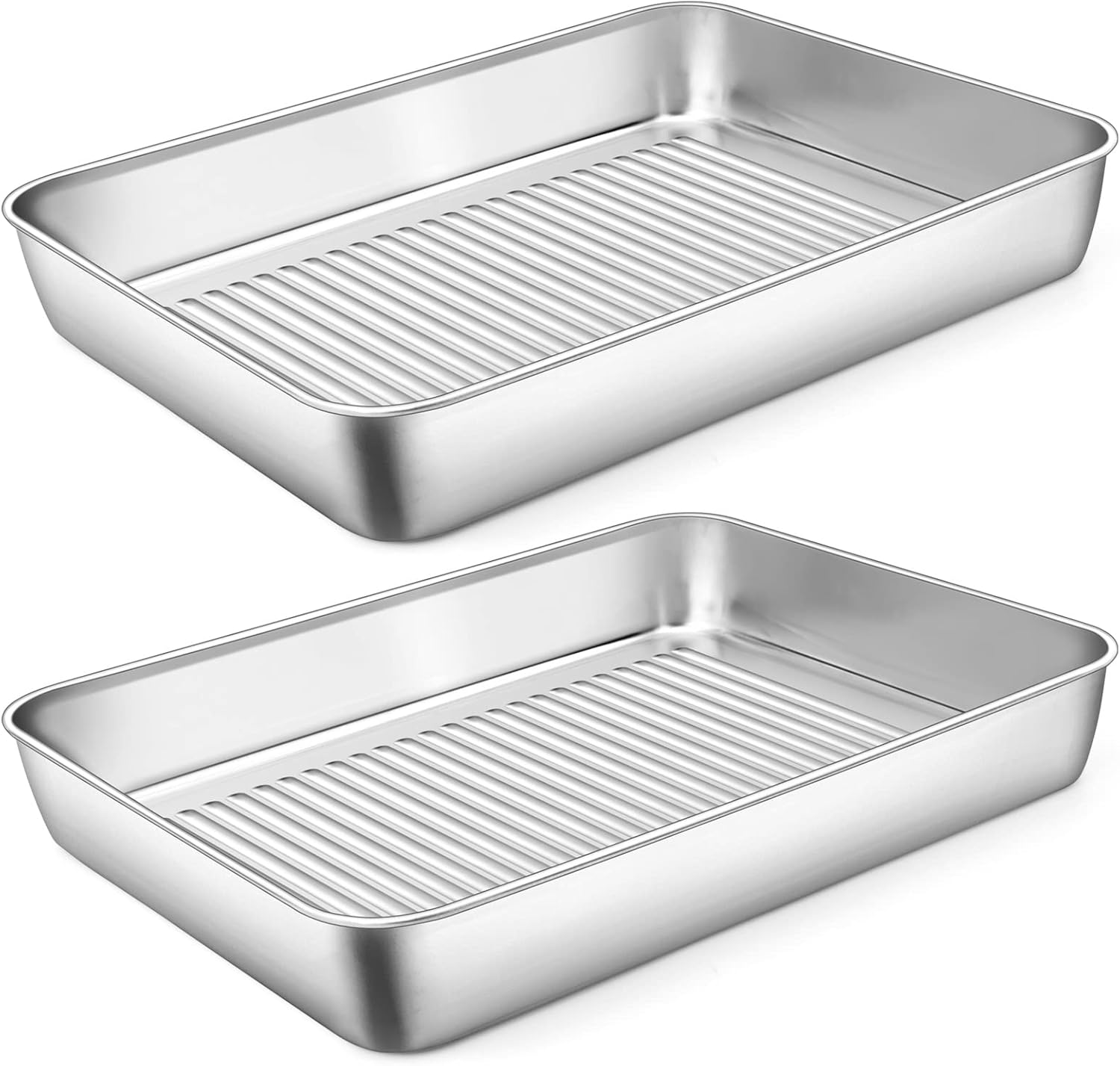 12.4 Inch Deep Rectangular Cake Pan, Stainless Steel Baking Pan Lasagna Pan for Toaster Oven, for Bake Cookie Cake Meat, Corrugated Bottom & Heavy Duty, Non-Toxic & Dishwasher Safe, 2Pcs