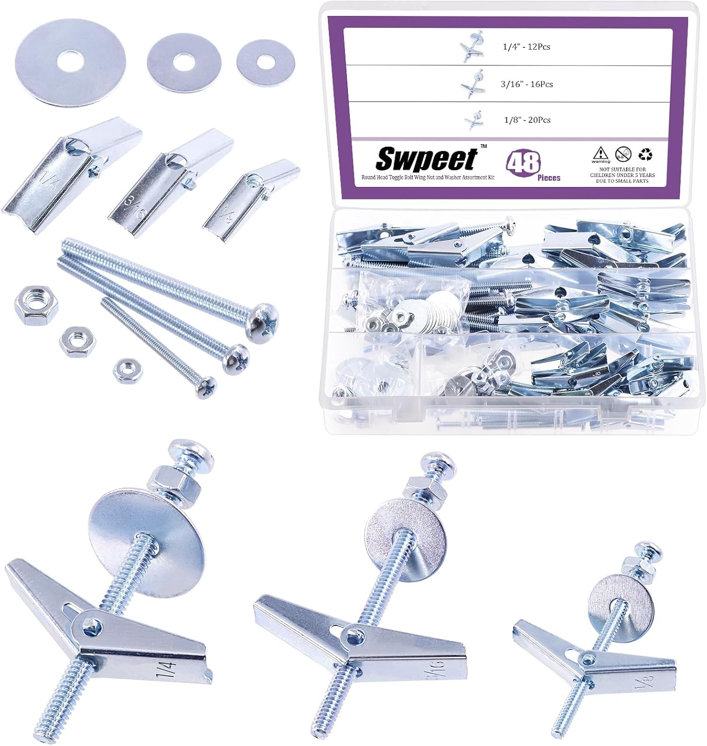 192Pcs - 48 Set Toggle Bolts and Wing Nut Kit with Hex Nuts, Washers, Toggle Bolt Assortment Kit, Butterfly Toggle Anchors for Hanging Heavy Items on Drywall - 1/8 Inch, 3/16 Inch, 1/4 Inch