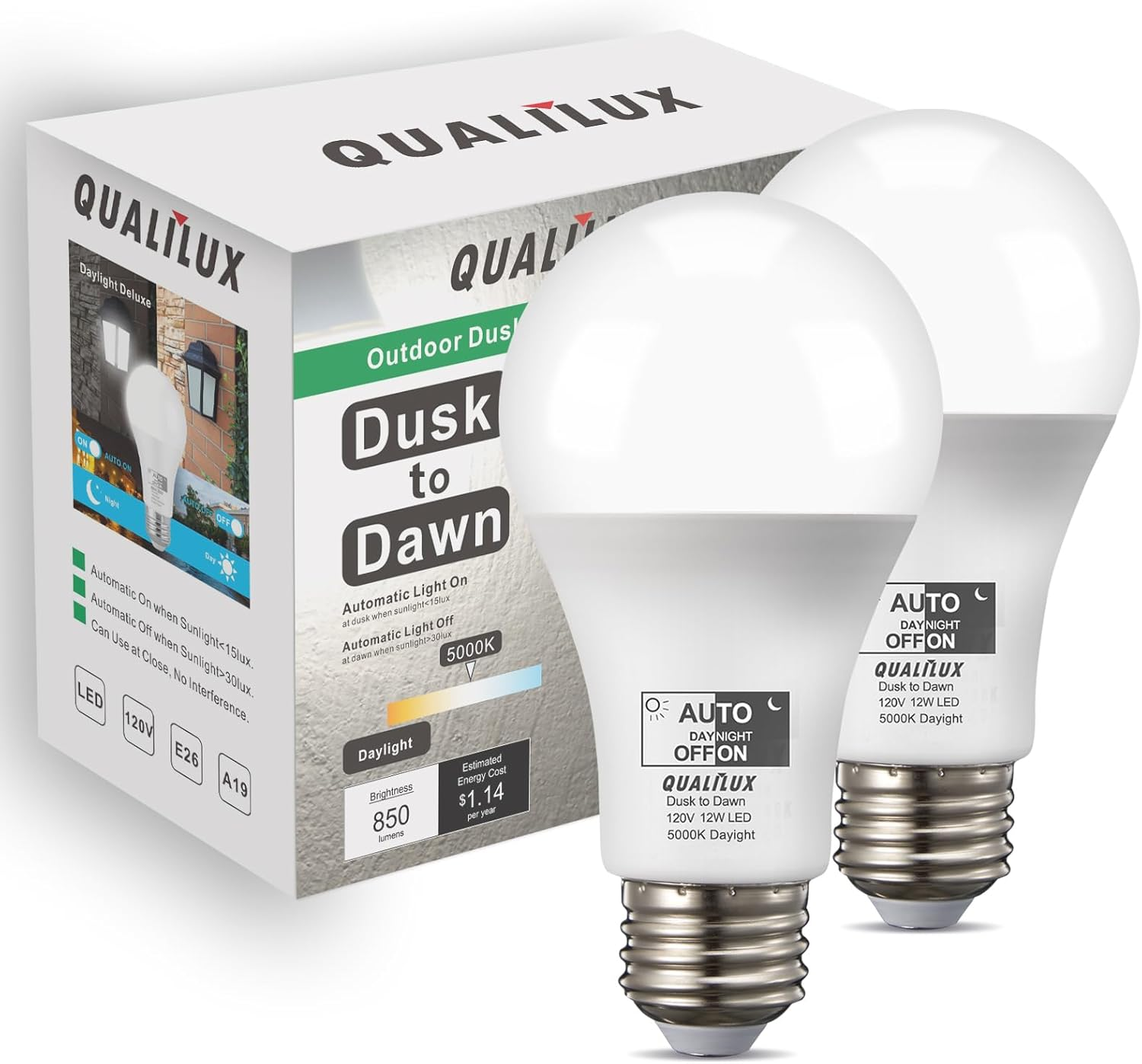 Dusk to Dawn LED Light Bulbs 850LM, 60W Equivalent, Daylight, Energy-Efficient 9.5W, A19, E26 Base, 2-Pack, HQ-H011