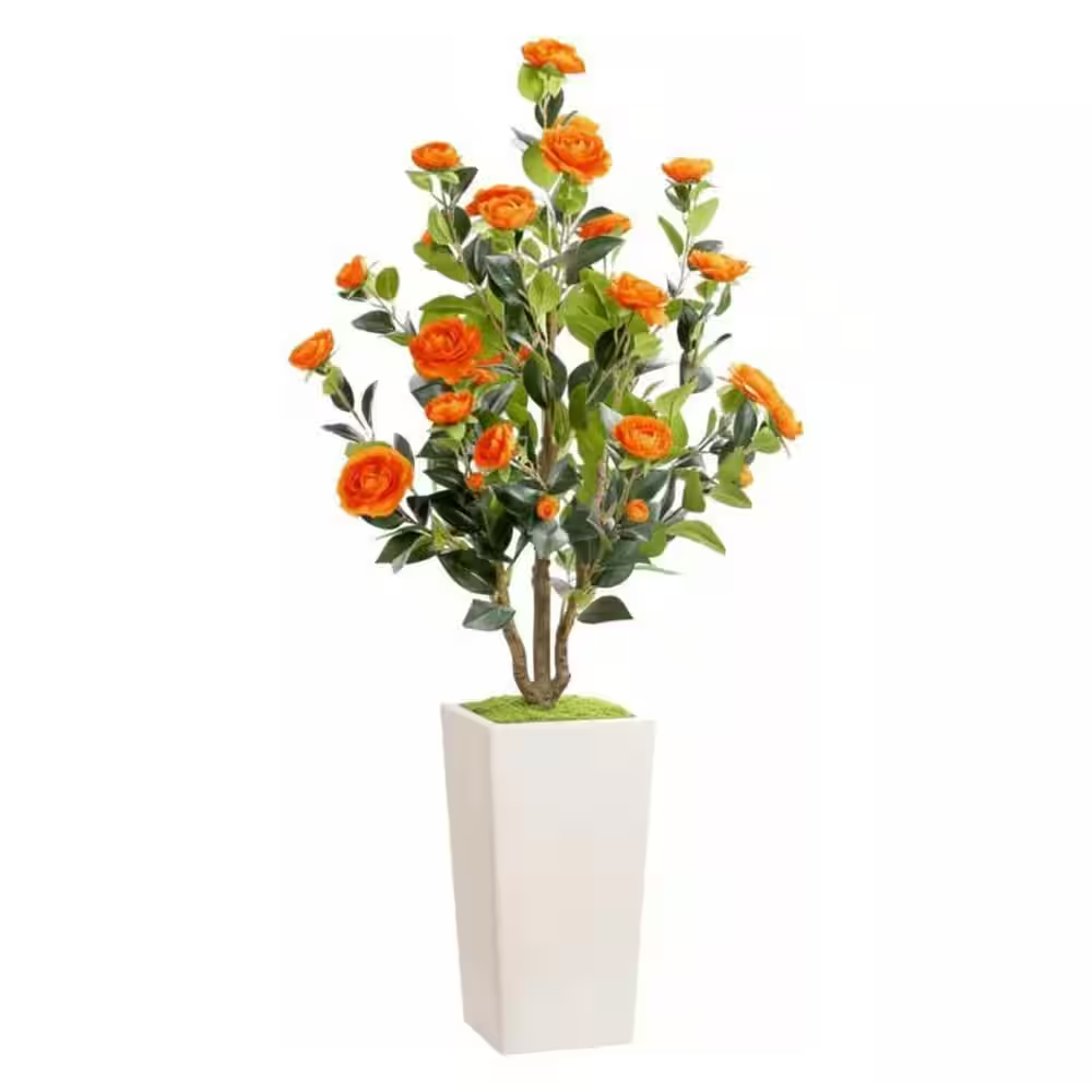 4Ft Artificial Bushes with Camellia Flowers for Outdoors,Red Fall Flower Faux Plant in Pot with UV Protection,Orange