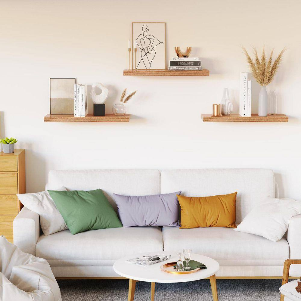 16 In. W X 6.7 In. D Nature Wood Decorative Wall Shelf Set of 3 for Kitchen, Living Room, Bedroom, Bathroom, Book Shelf