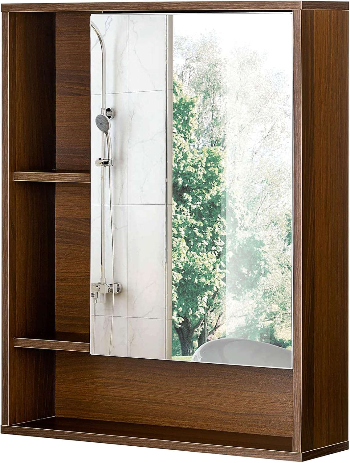 Choochoo Bathroom Wall Mirror Cabinet, Medicine Cabinet with Single Door and Adjustable Shelf, over the Toilet Space Saver Storage Cabinet, Walnut
