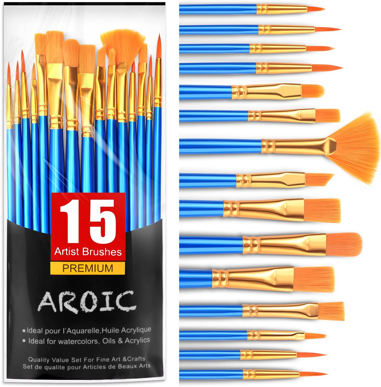 AROIC Acrylic Paint Brush Set, 15 Pcs Nylon Hair Paint Brushes for All Purpose Oil Watercolor Face Body Rock Painting Artist, Small Paint Brush Kits for Kids Adult Drawing