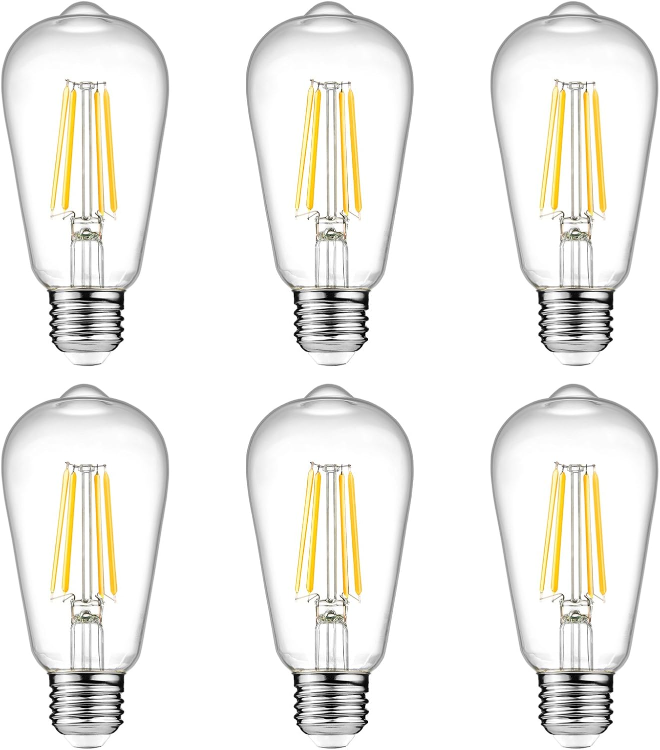 Vintage LED Edison Bulbs 6W, Equivalent 60W Incandescent, Non-Dimmable, Warm White 2700K, ST58 Antique LED Filament Bulbs with 80+ CRI, E26 Medium Base, Clear Glass, 6-Packs