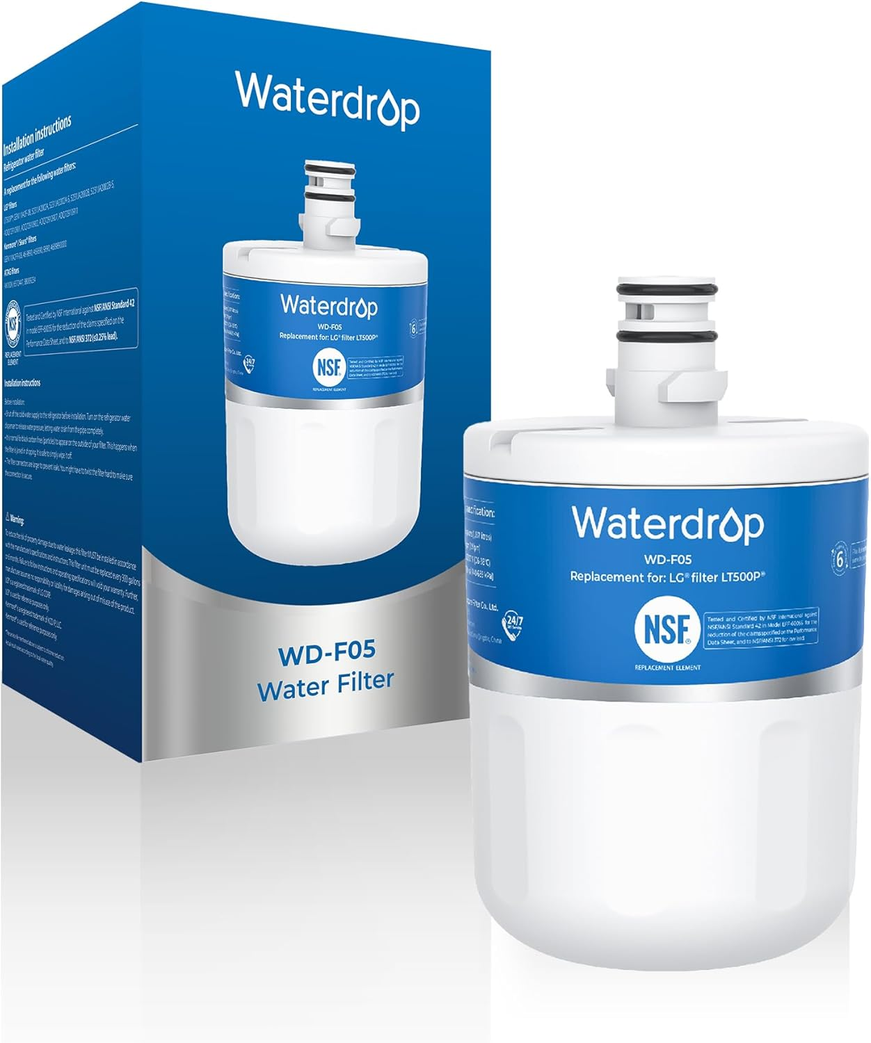 5231JA2002A Refrigerator Water Filter, Replacement for LG® LT500P®, GEN11042FR-08, ADQ72910911, ADQ72910901, Kenmore 9890, 46-9890, LFX25974ST (Package May Vary)